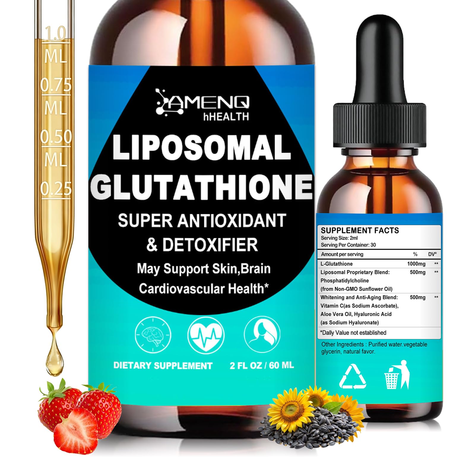 AMENQ hHEALTH Glutathione Liquid Supplement 1000mg bottle front view
