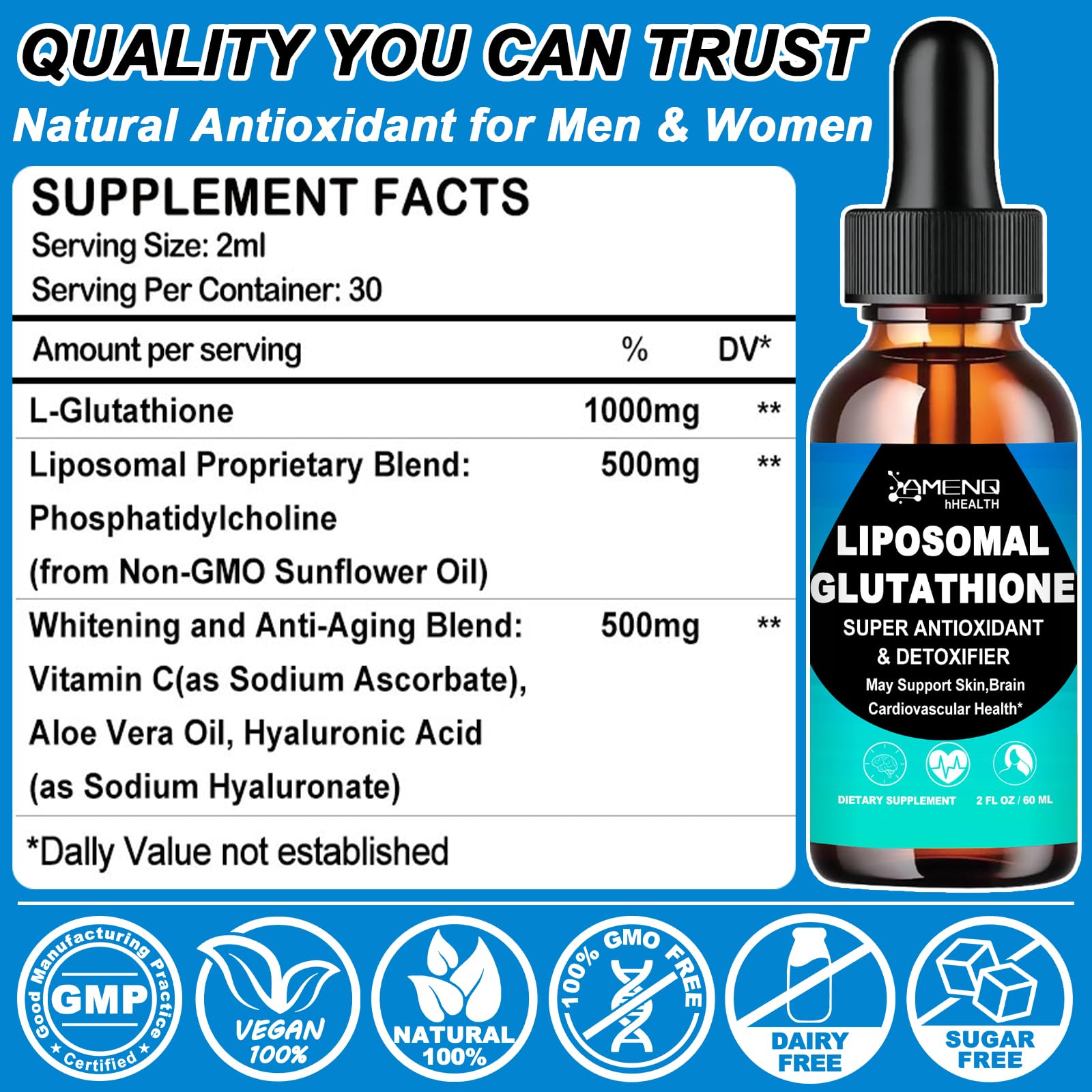 AMENQ hHEALTH Glutathione Liquid Supplement 1000mg bottle side view