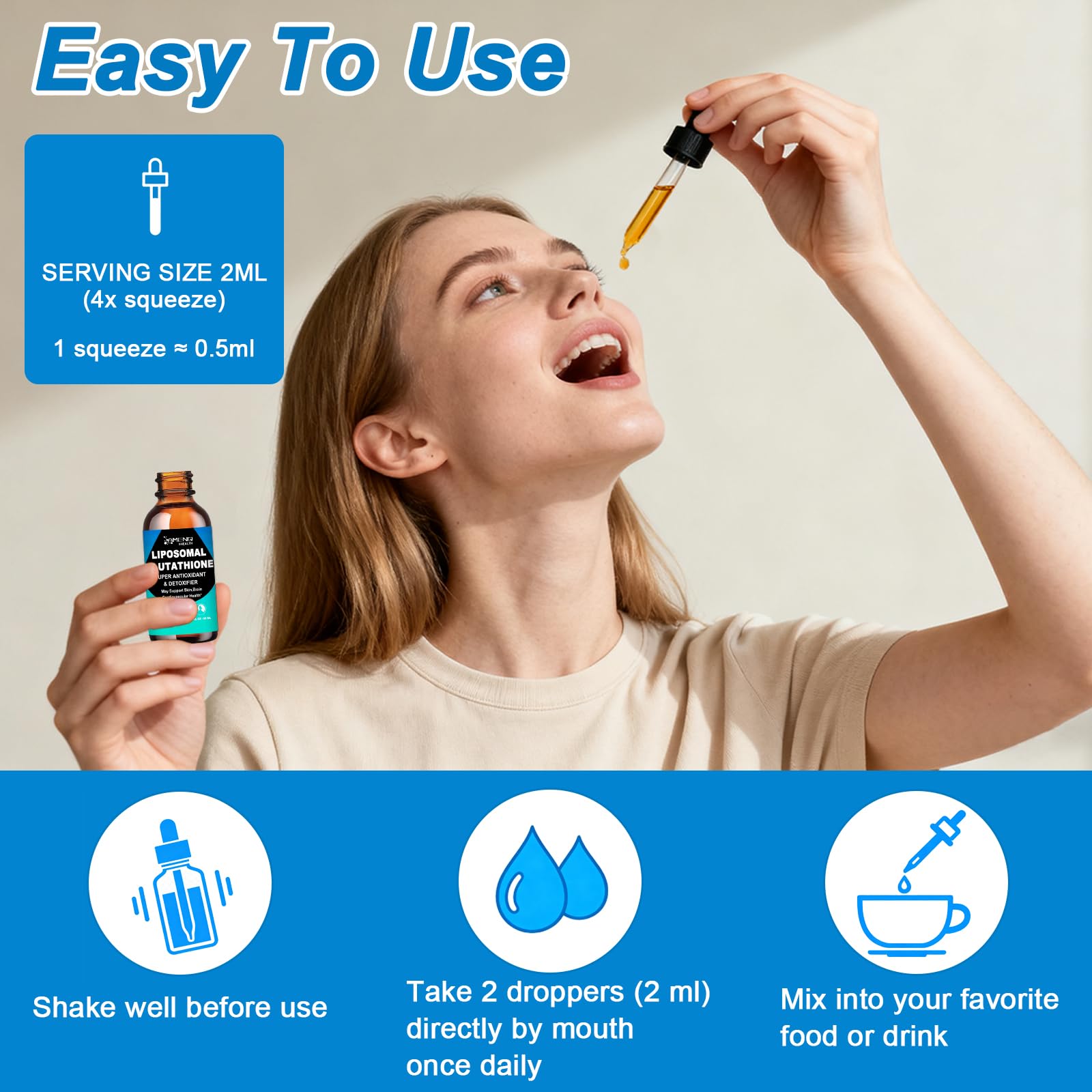 AMENQ hHEALTH Glutathione Liquid Supplement 1000mg bottle with measuring spoon