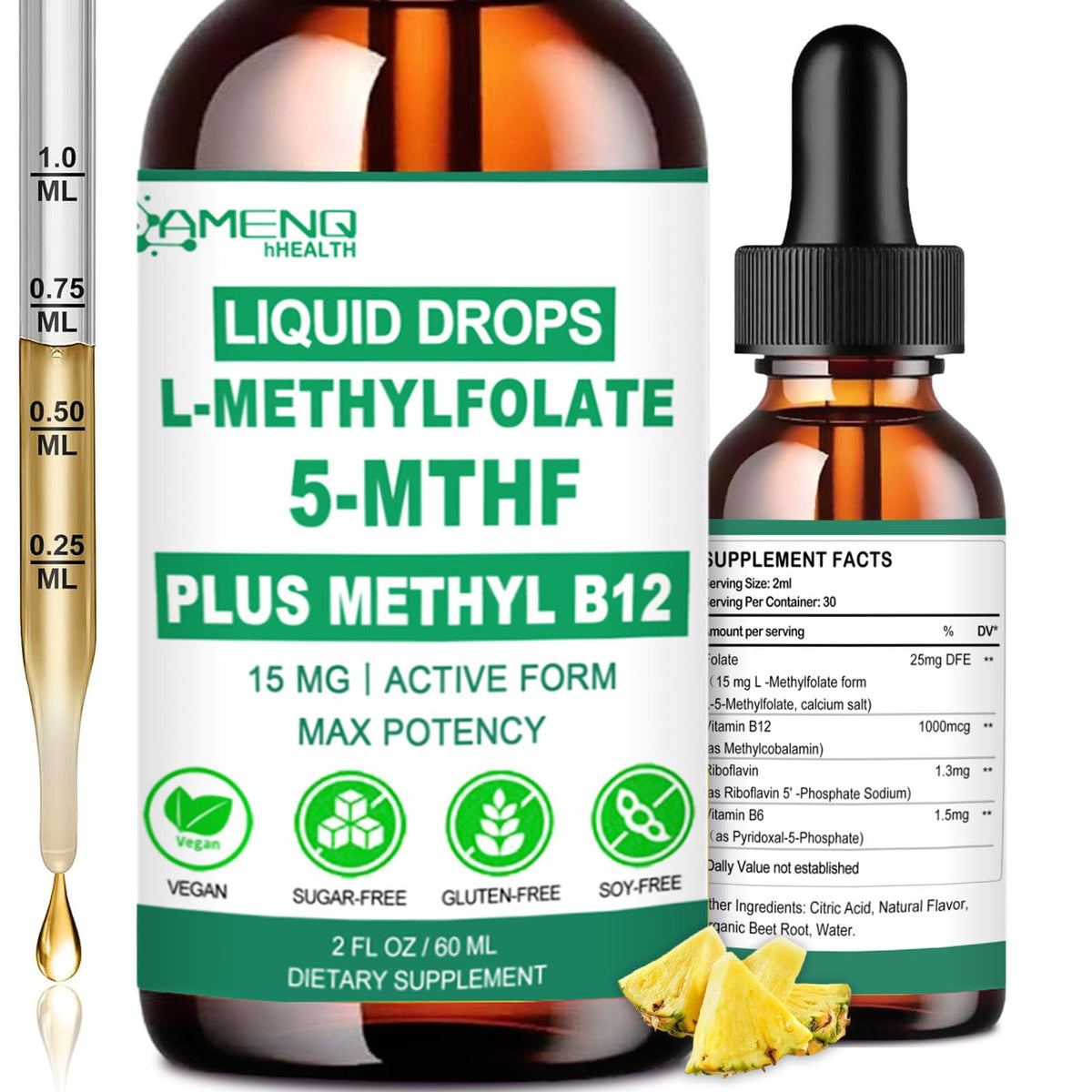 AMENQ hHEALTH L-Methylfolate 5-MTHF Plus Methyl B12 Drops 60ml front view
