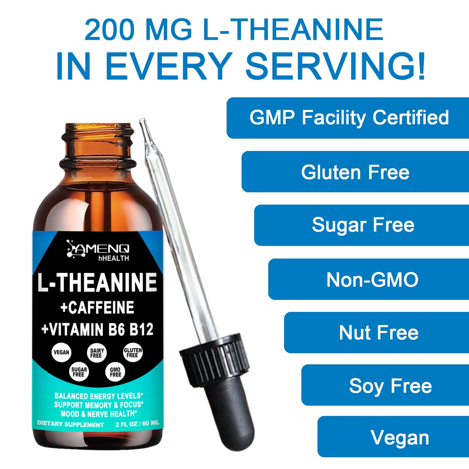 AMENQ hHEALTH L-Theanine & Caffeine Liquid Drops close-up with pineapple