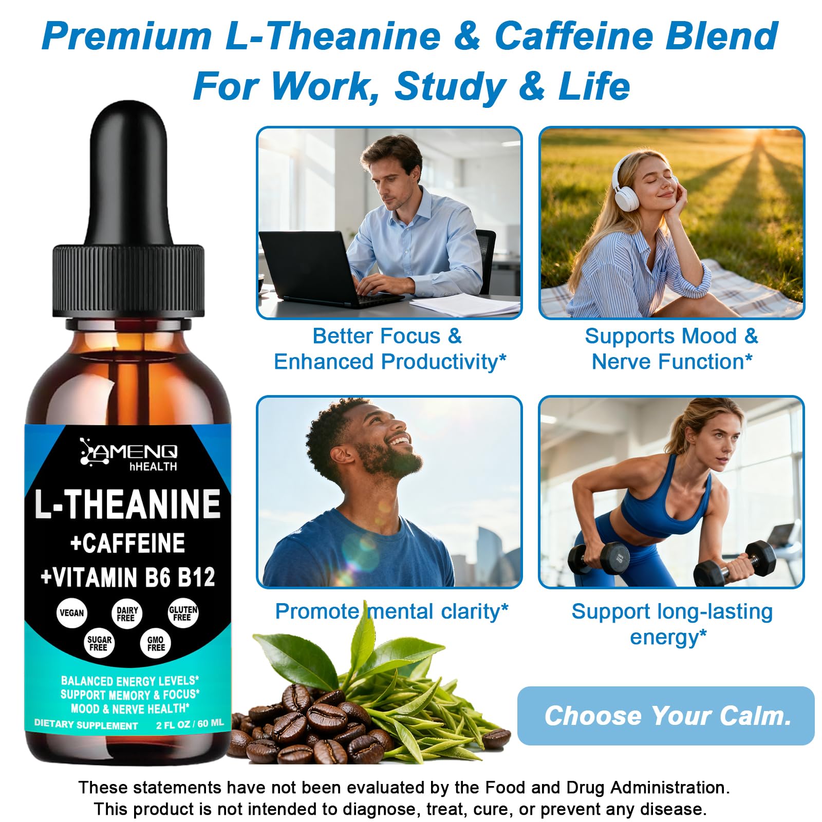 AMENQ hHEALTH L-Theanine & Caffeine Liquid Drops dosage dropper