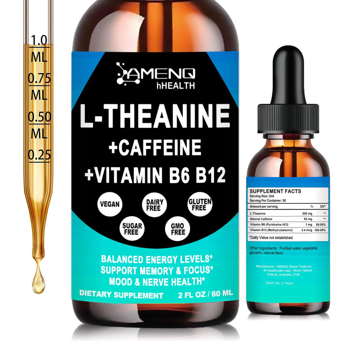 AMENQ hHEALTH L-Theanine & Caffeine Liquid Drops front view