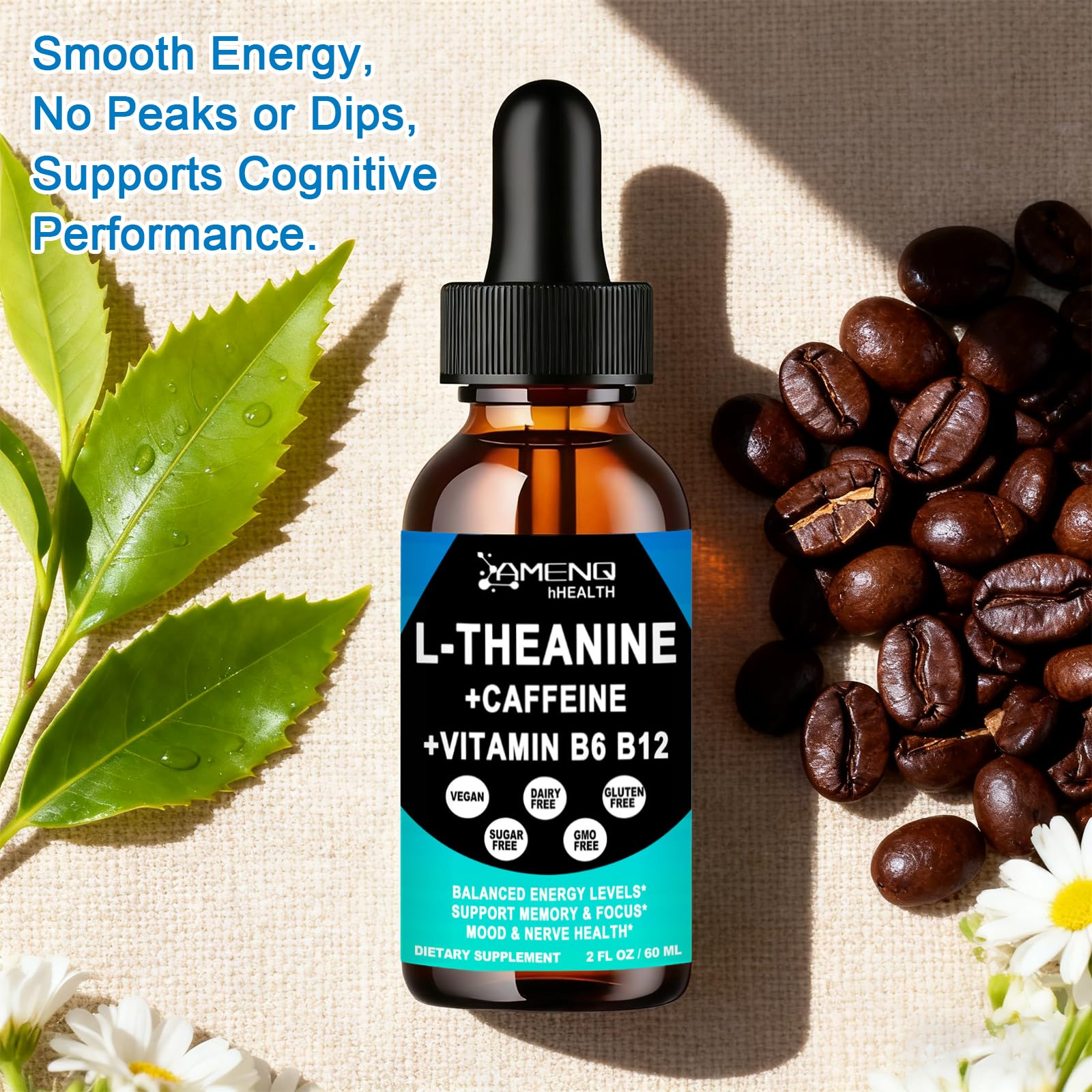 AMENQ hHEALTH L-Theanine & Caffeine Liquid Drops in a glass
