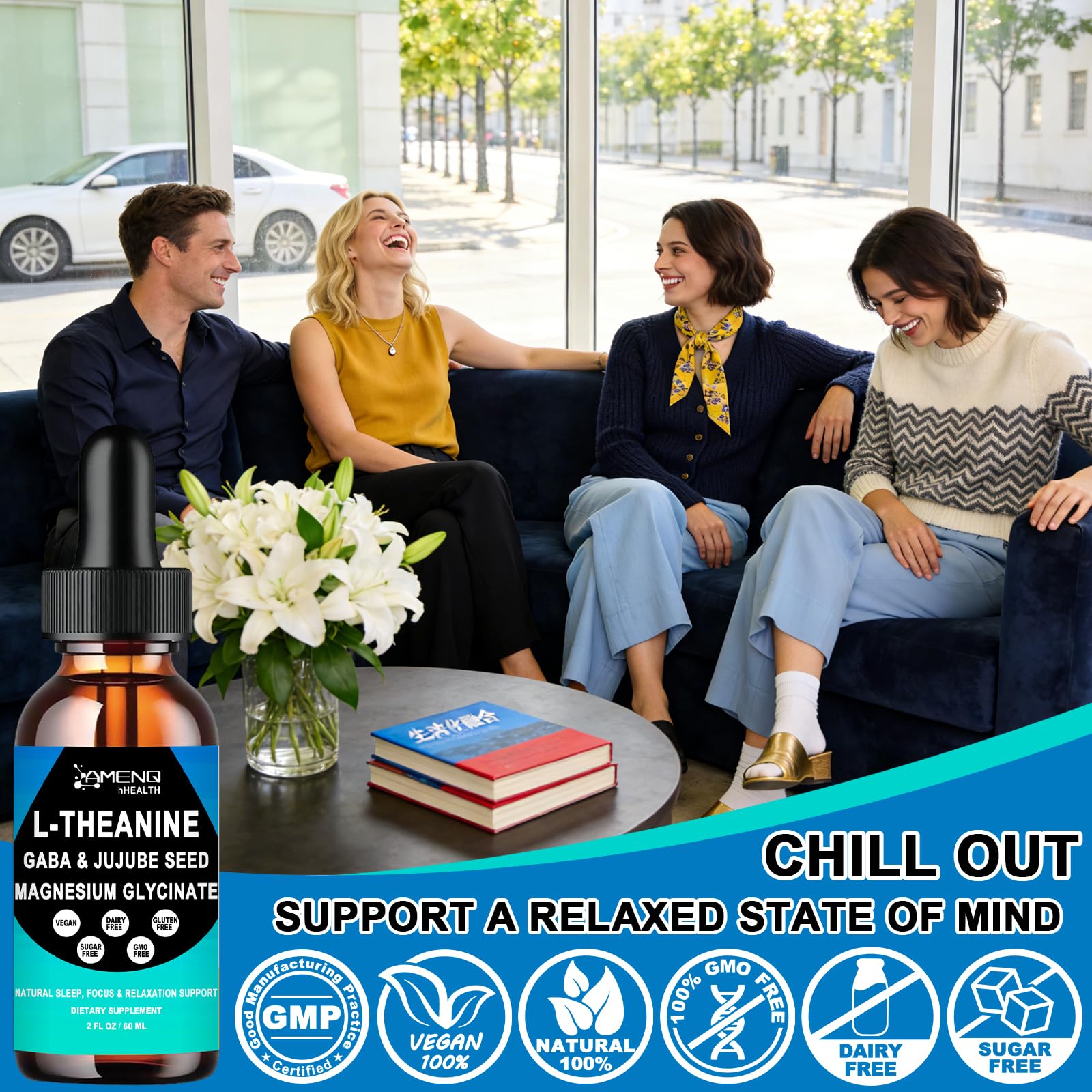 AMENQ hHEALTH L-Theanine Liquid Drops on a kitchen counter