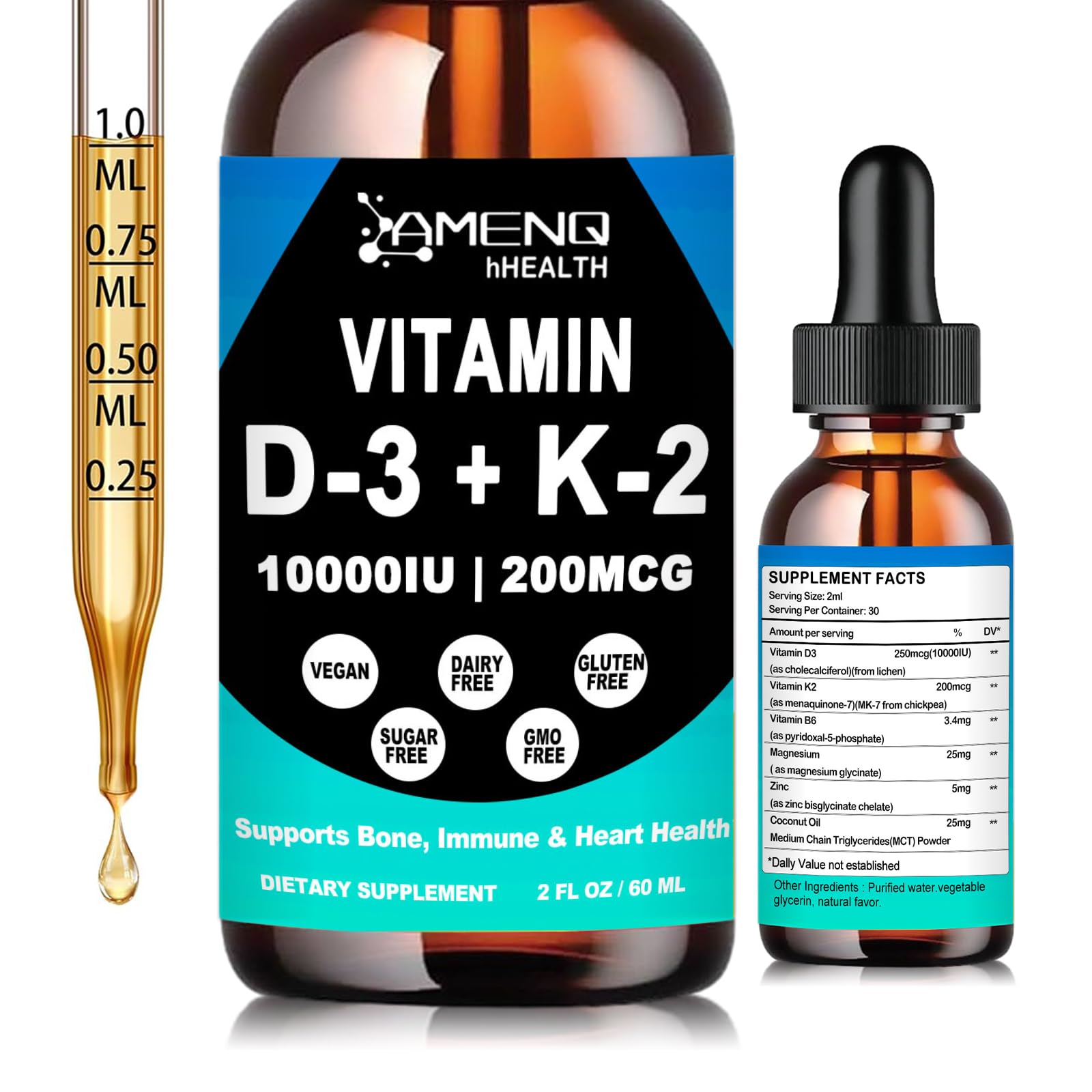 AMENQ hHEALTH Liquid Vitamin D3 K2 Supplement bottle front view