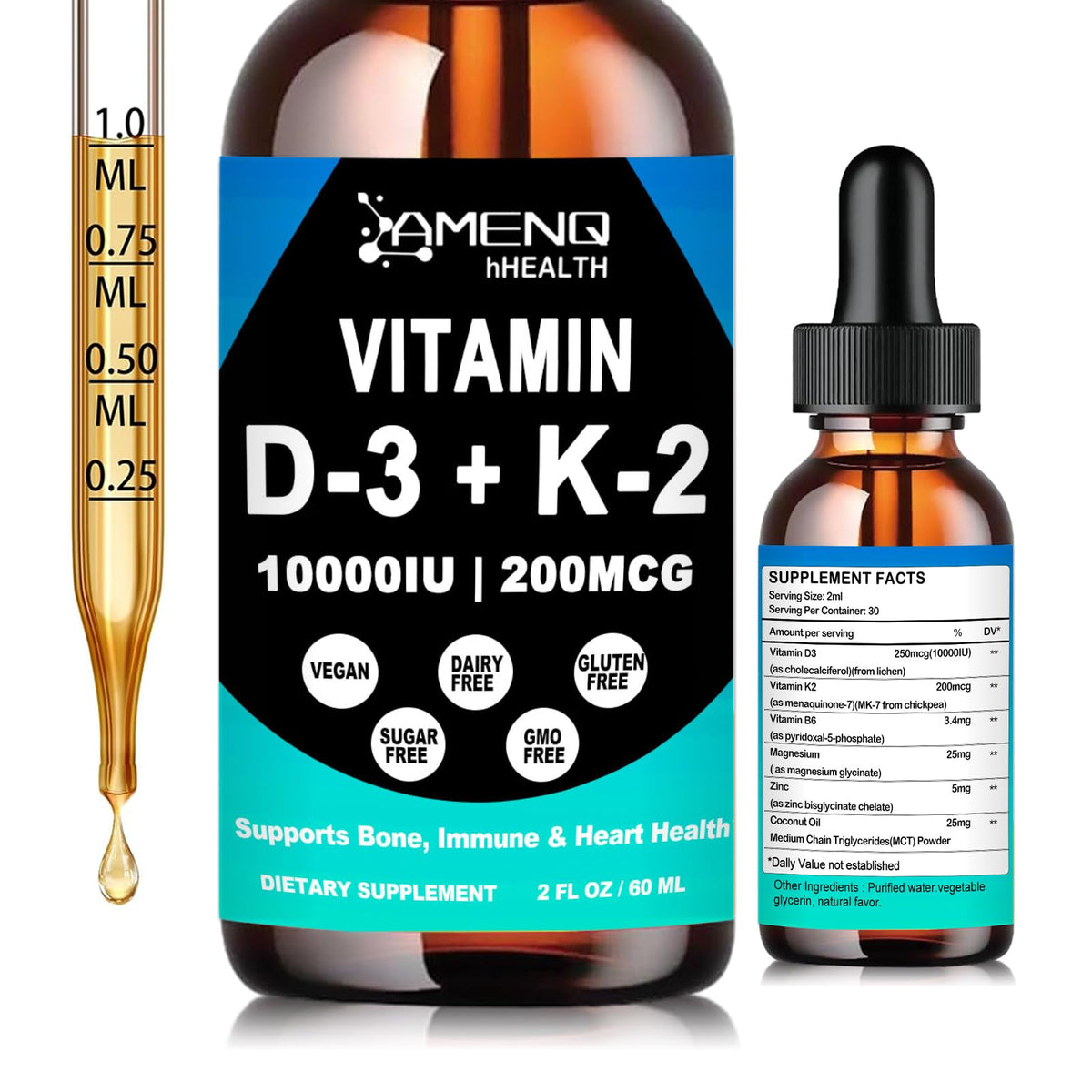 AMENQ hHEALTH Liquid Vitamin D3 K2 Supplement bottle front view