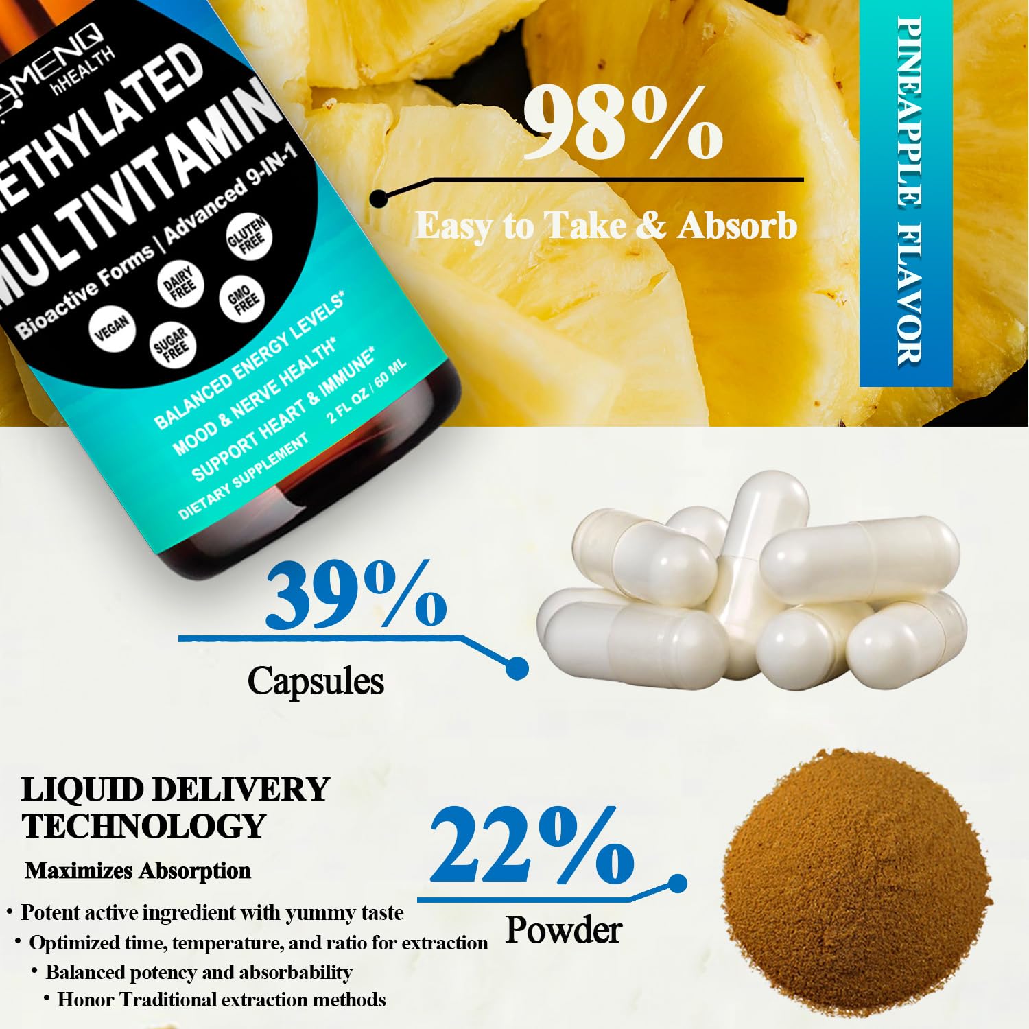 AMENQ hHEALTH Methylated Multivitamin Liquid Drops in a glass