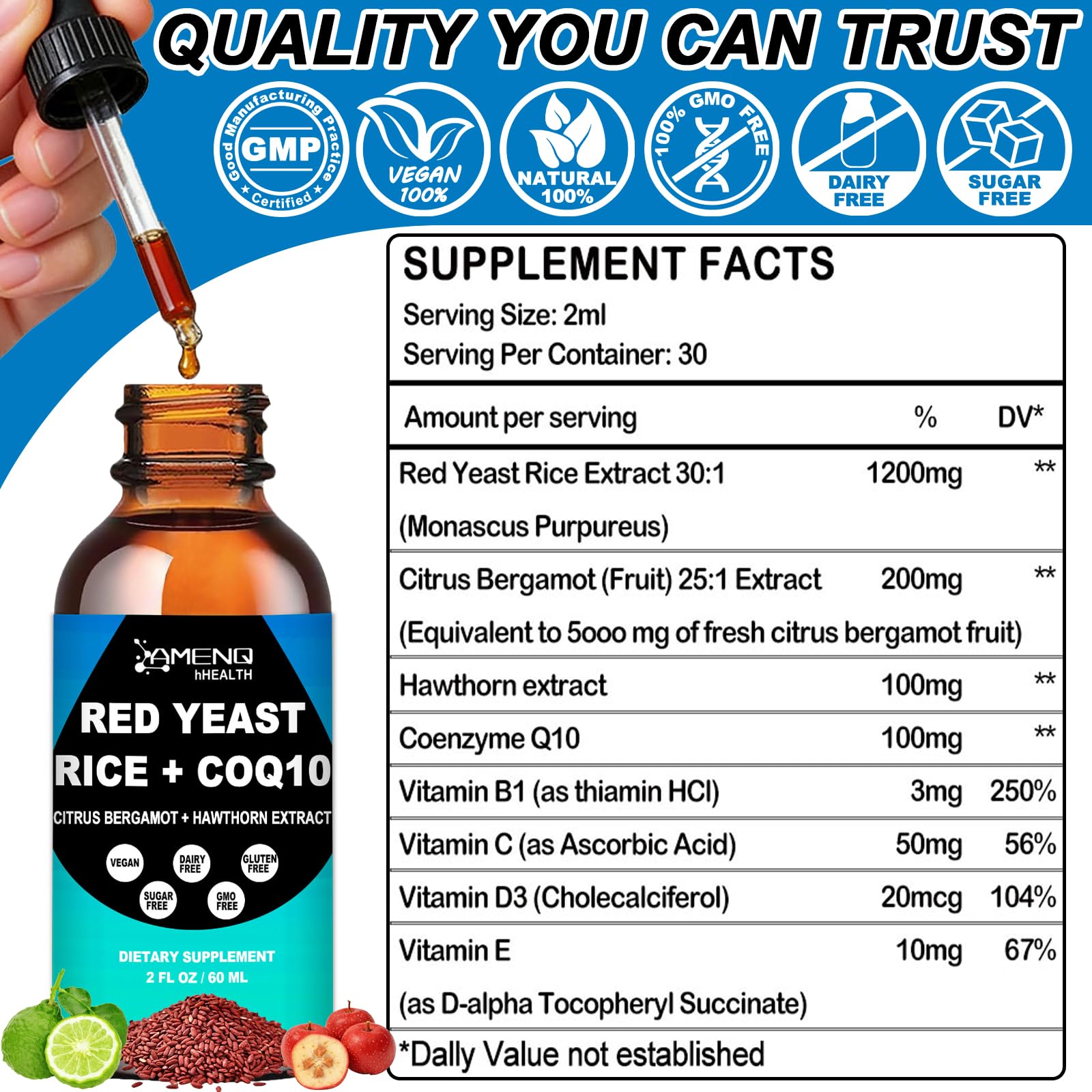 AMENQ hHEALTH Red Yeast Rice with CoQ10 supplement bottle side view