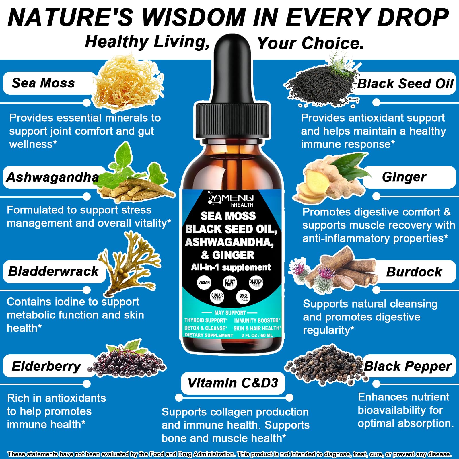AMENQ hHEALTH Sea Moss Drops bottle with ingredients list