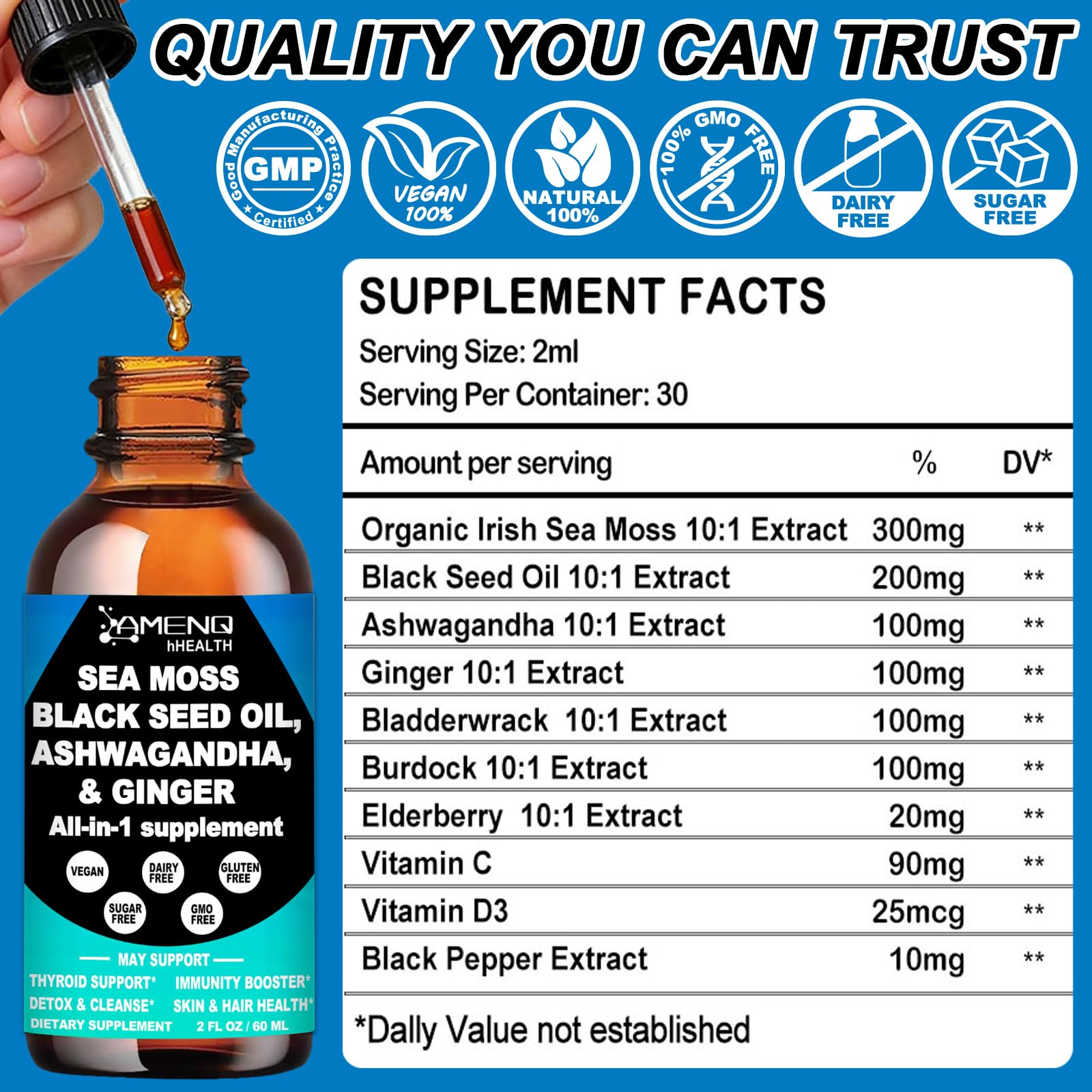 AMENQ hHEALTH Sea Moss Drops ingredients close-up