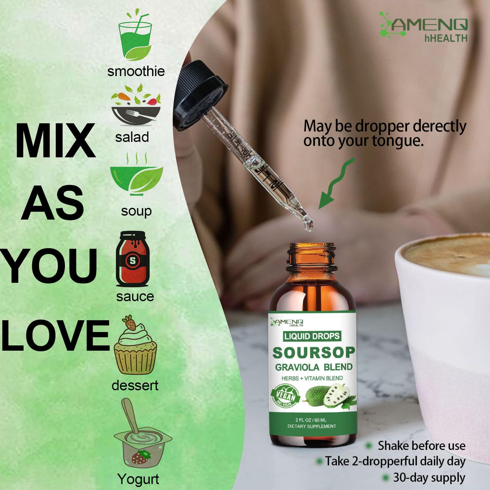 AMENQ hHEALTH Soursop Graviola Liquid Drops dropper close-up