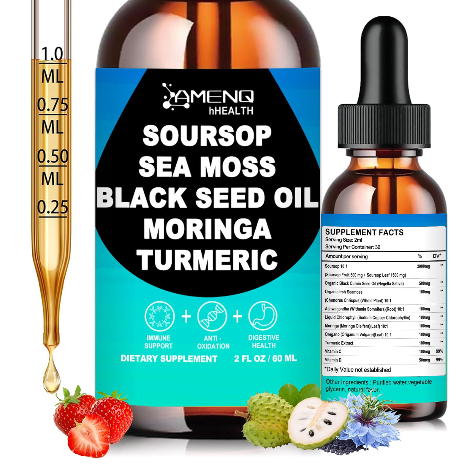 AMENQ hHEALTH Soursop Liquid Drops front view with packaging