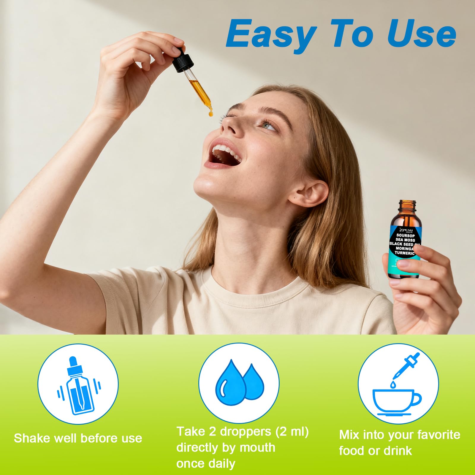 AMENQ hHEALTH Soursop Liquid Drops lifestyle image with smoothie