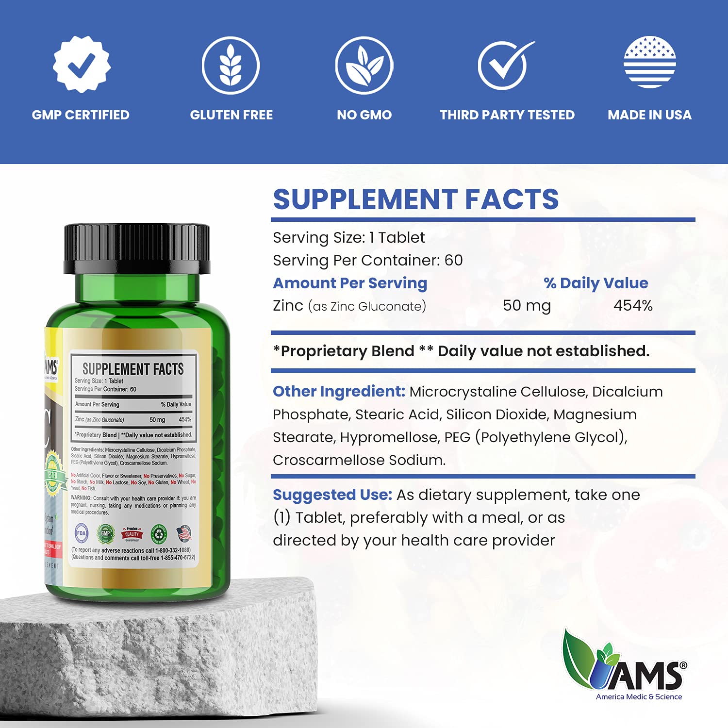 America Medic & Science Chelated Zinc Supplement 100mg capsules with measuring spoon
