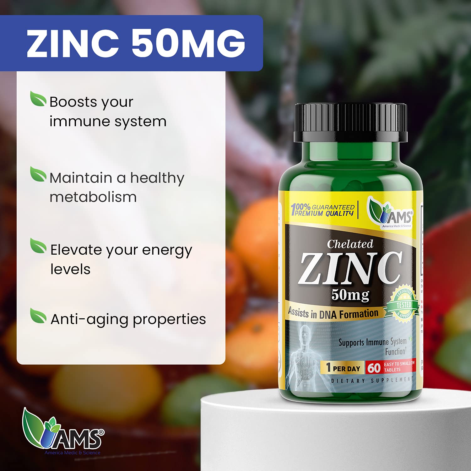 America Medic & Science Chelated Zinc Supplement 100mg side view