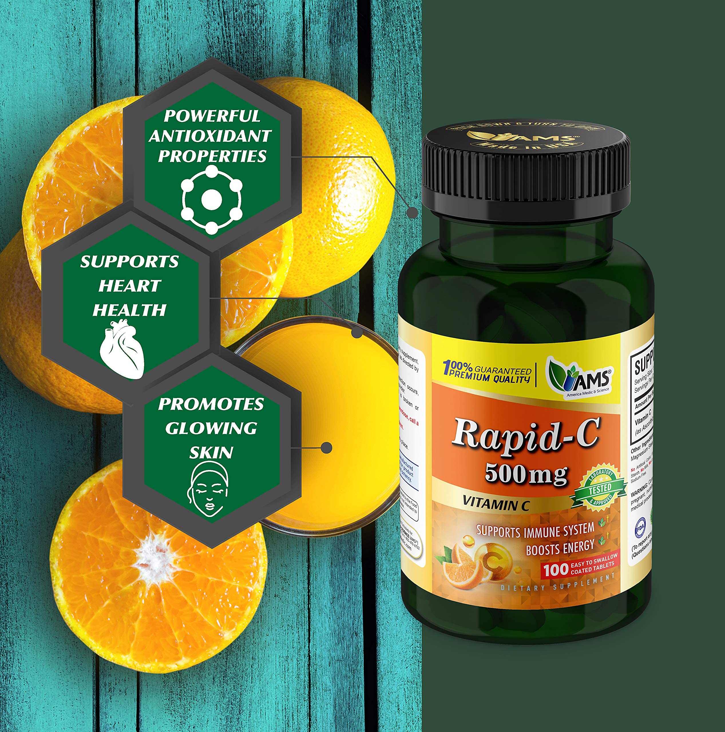 America Medic & Science Rapid-C Vitamin C 500mg supplement with measuring spoon