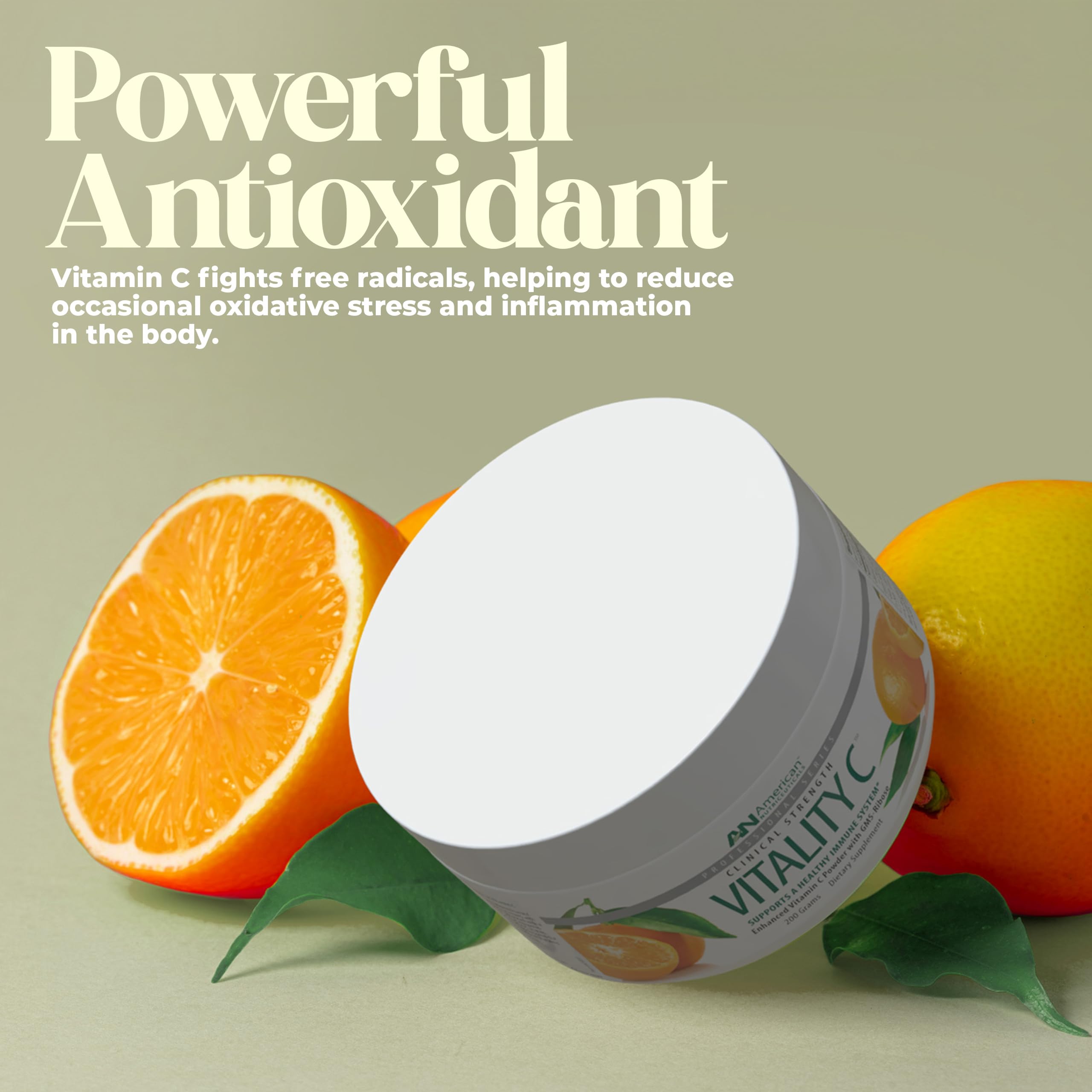 American Nutriceuticals Vitamin C Powder displayed on a kitchen counter