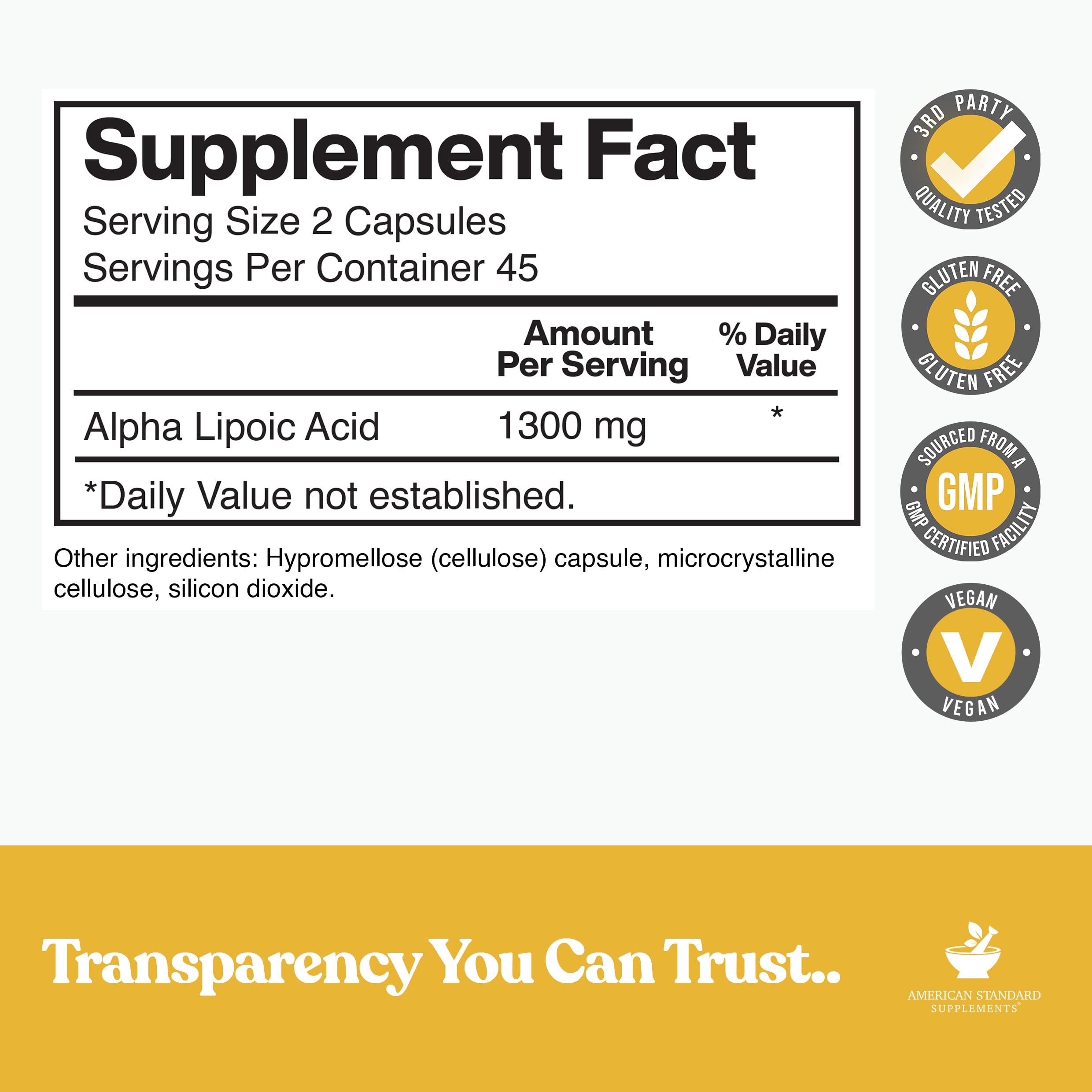 American Standard Supplements Alpha Lipoic Acid 90 capsules side view