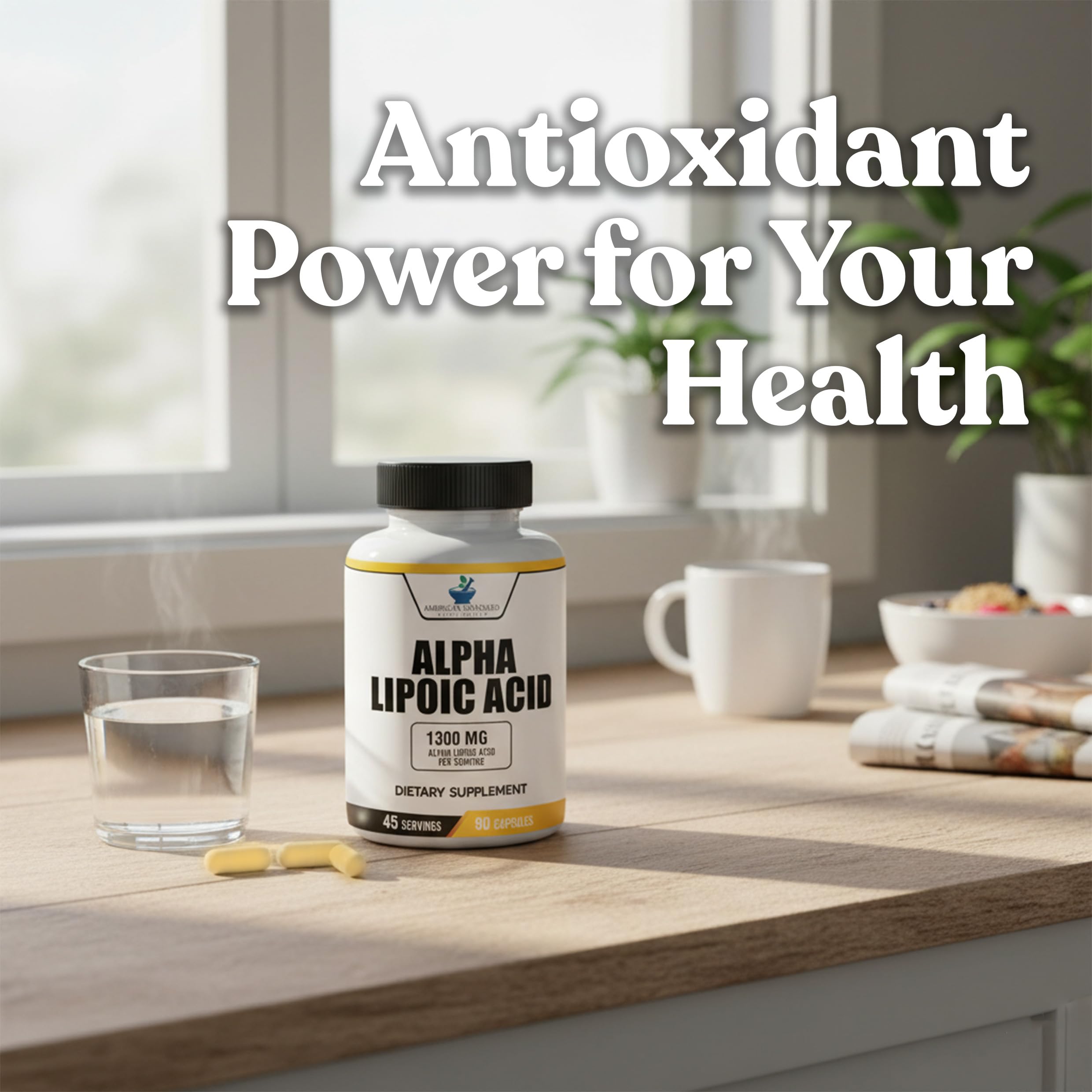 American Standard Supplements Alpha Lipoic Acid capsules on a wooden surface