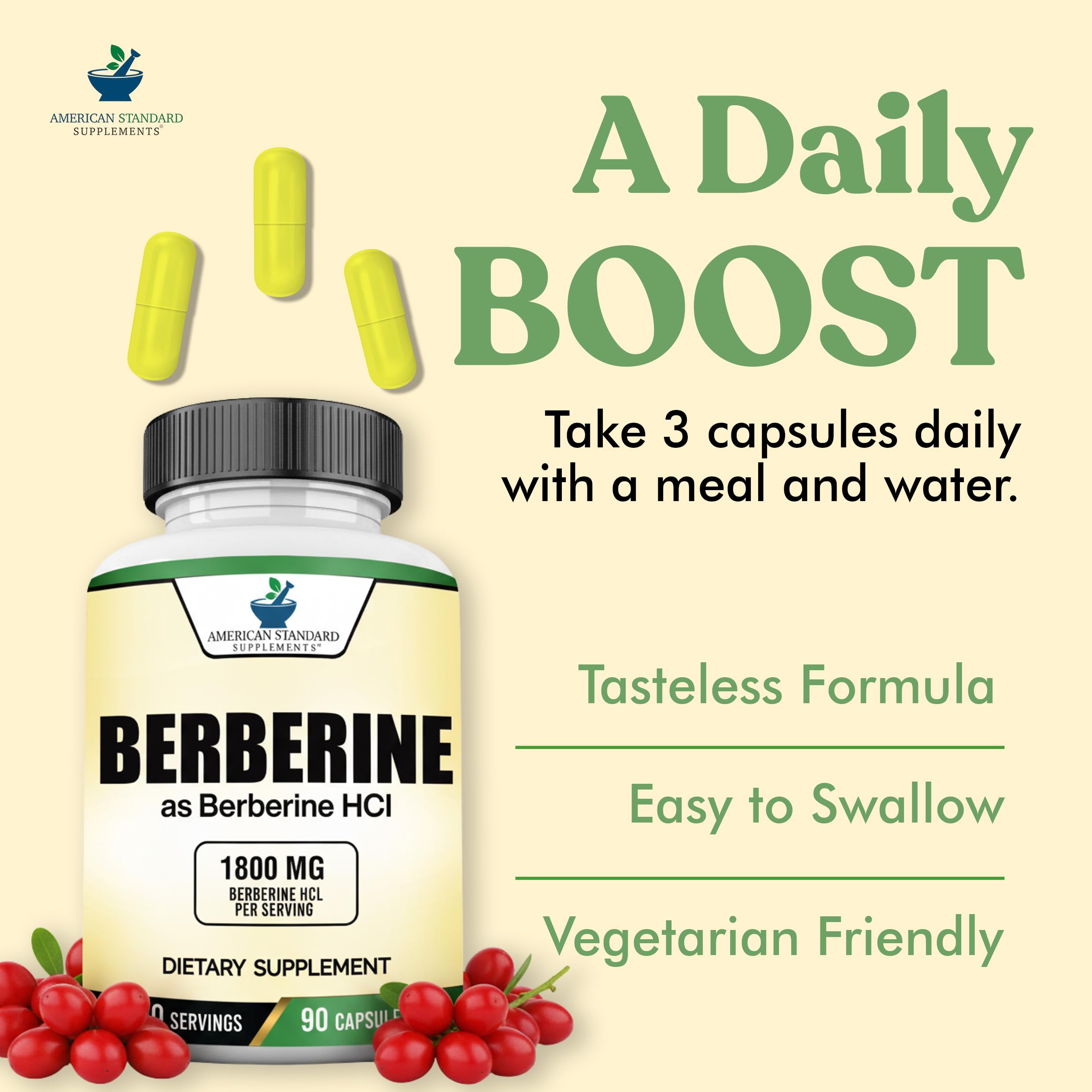 American Standard Supplements Berberine HCL 1800mg capsules on a wooden table