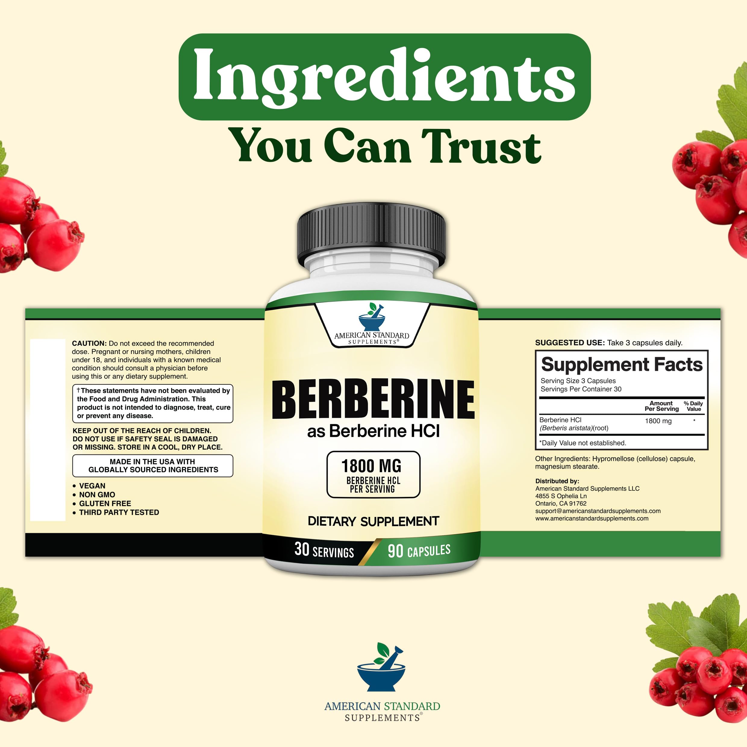 American Standard Supplements Berberine HCL bottle with label details