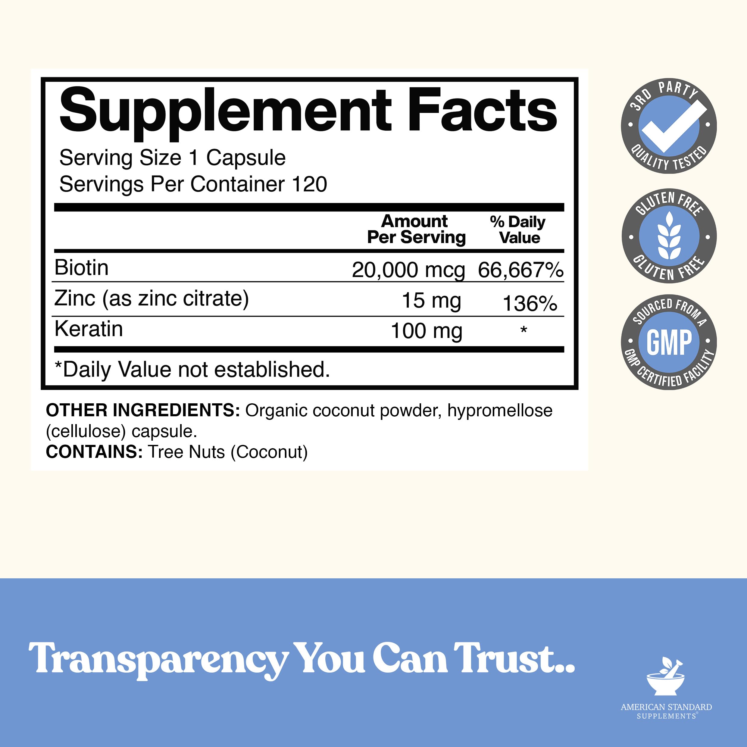 American Standard Supplements Biotin 20,000 mcg bottle side view