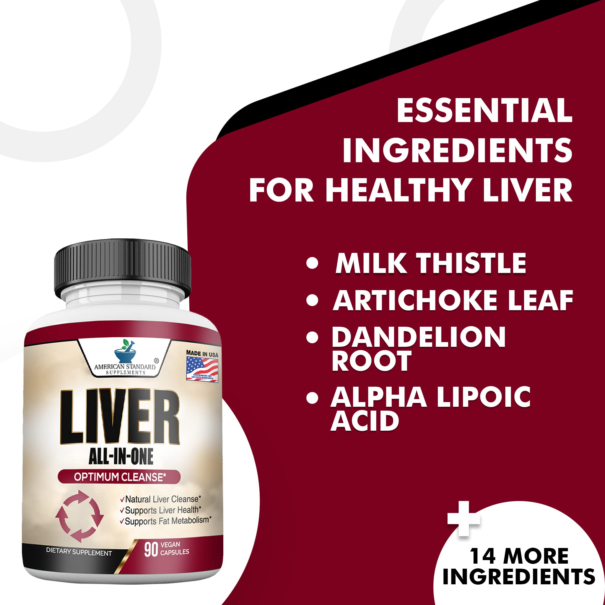 American Standard Supplements Liver All In One capsules on a wooden table