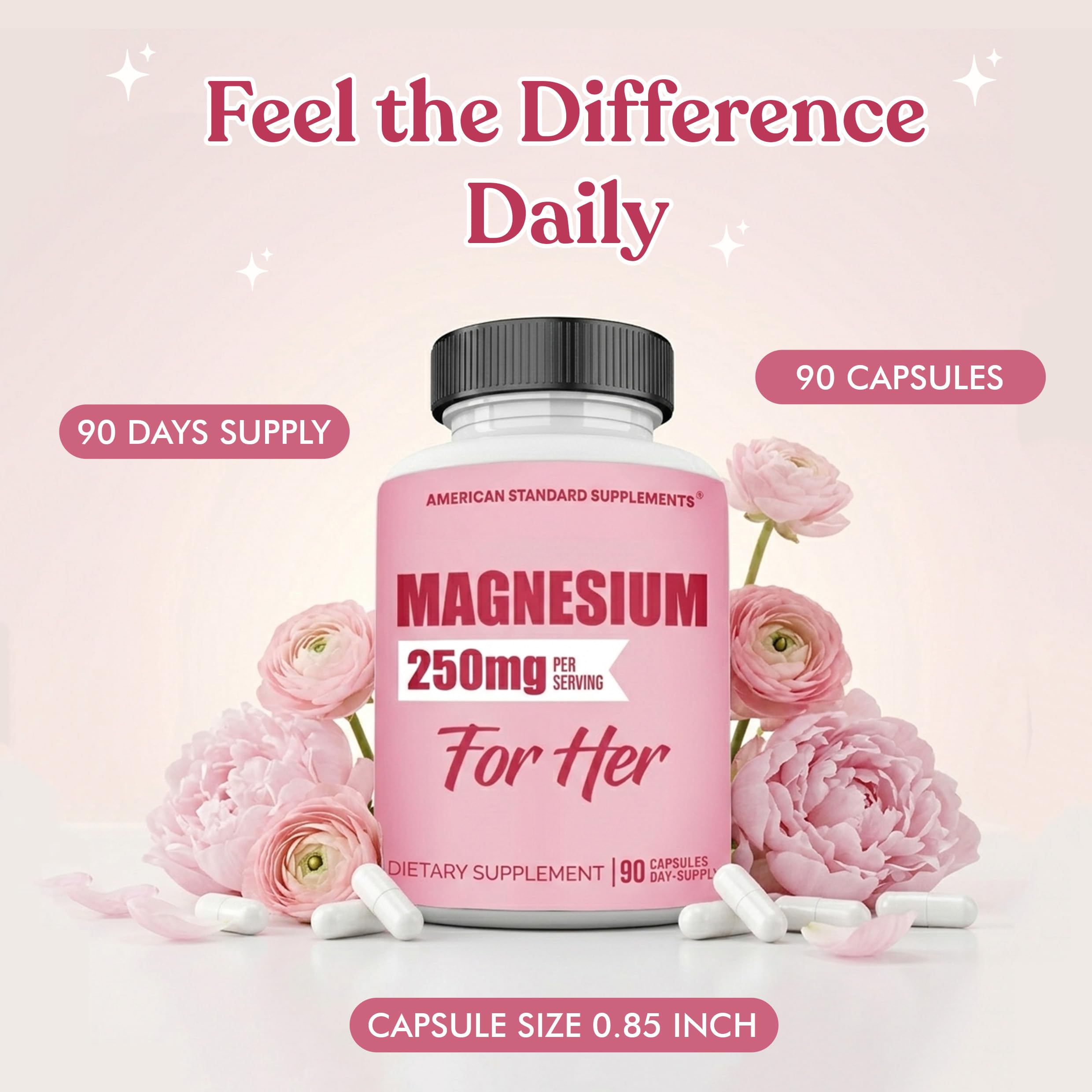 American Standard Supplements Magnesium Glycinate 250mg bottle next to a glass of water