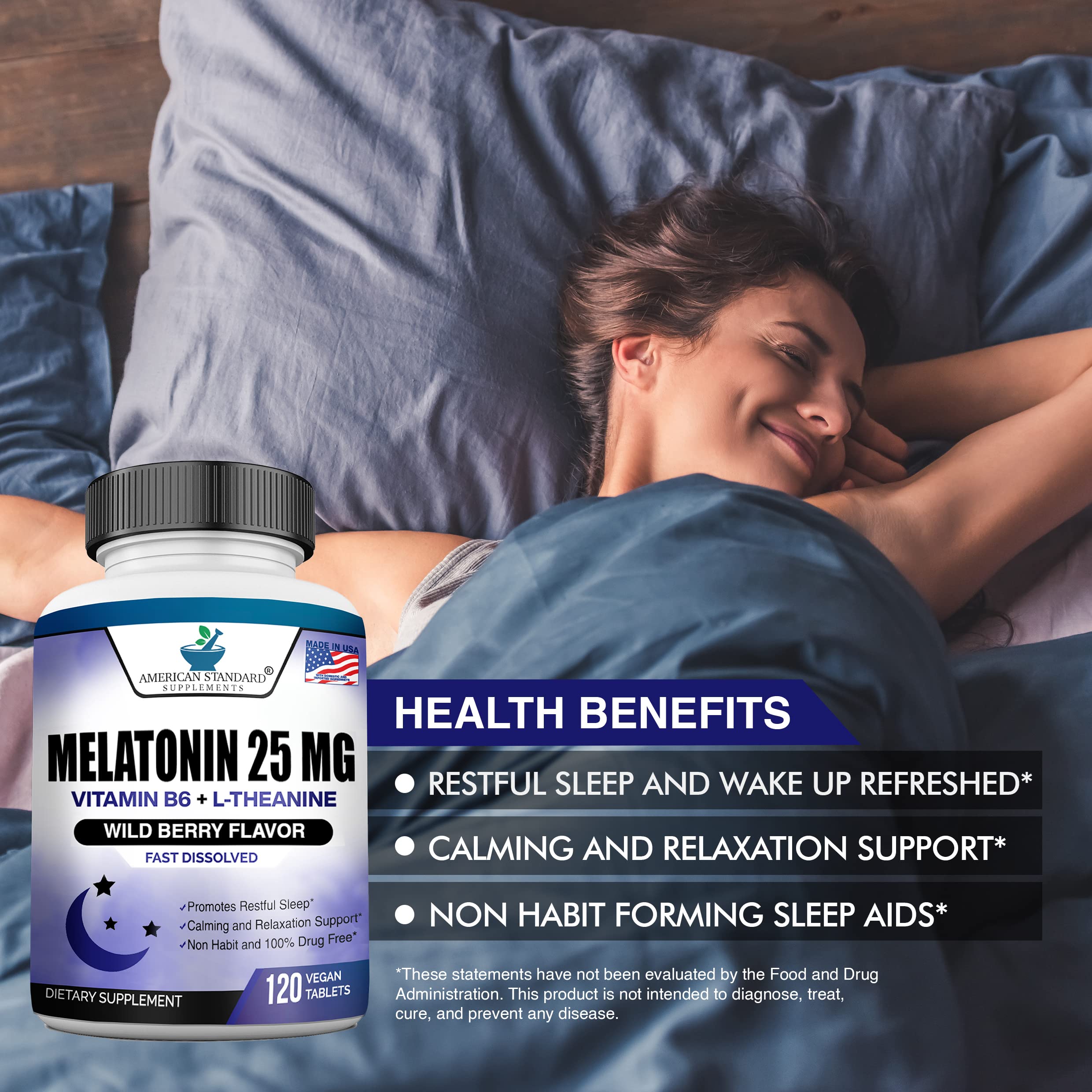 American Standard Supplements Melatonin tablets on a wooden surface