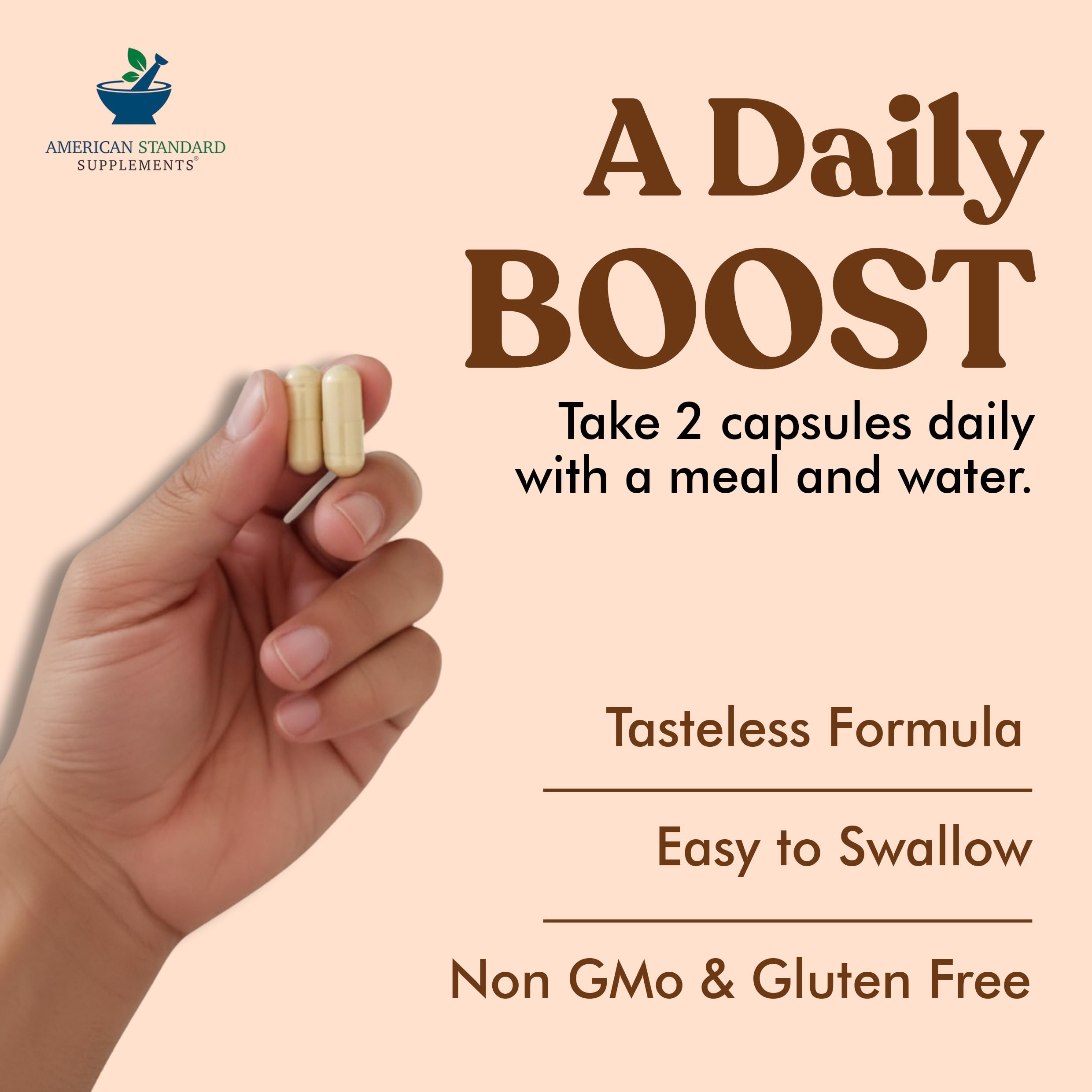 American Standard Supplements Tongkat Ali 200:1 Extract capsules on a wooden table