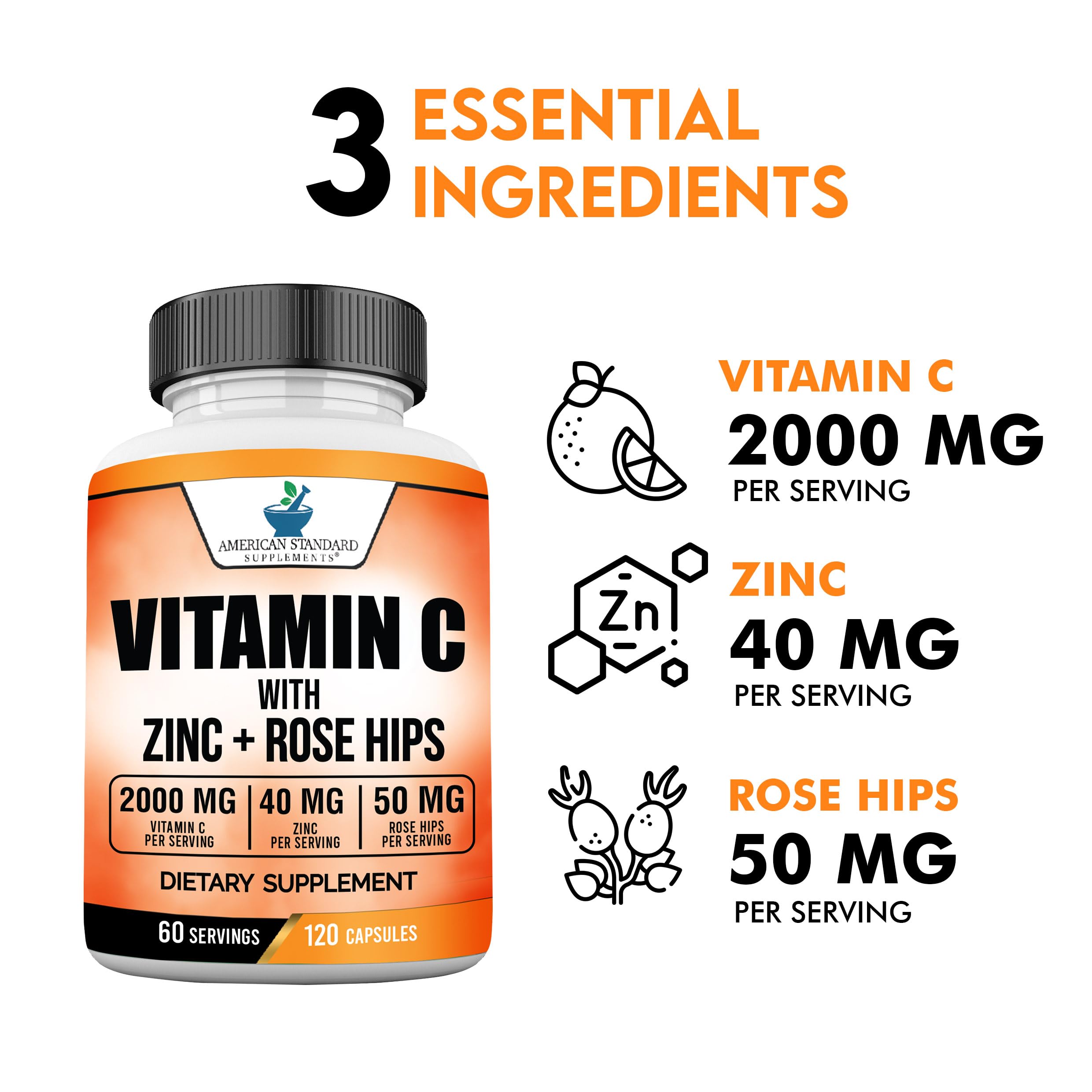 American Standard Supplements Vitamin C with Zinc and Rose Hips capsules on a wooden table