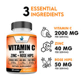 American Standard Supplements Vitamin C with Zinc and Rose Hips capsules on a wooden table