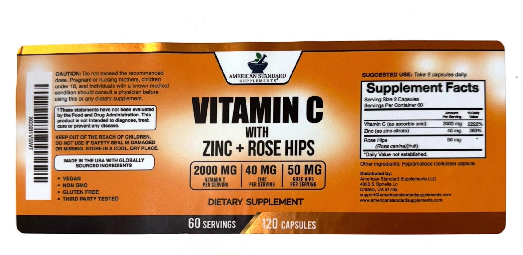 American Standard Supplements Vitamin C with Zinc and Rose Hips capsules in a hand