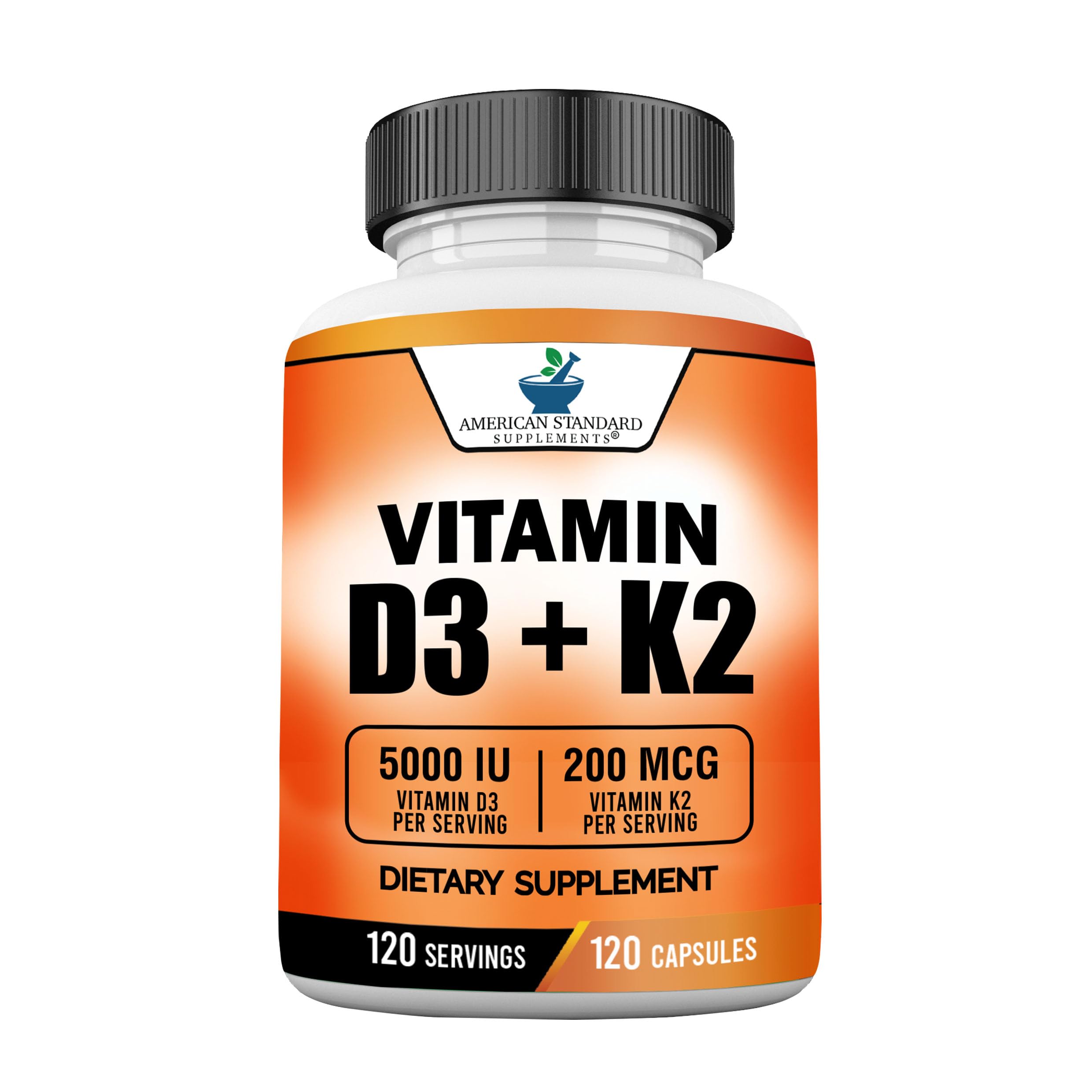 American Standard Supplements Vitamin D3 and K2 120 capsules front view