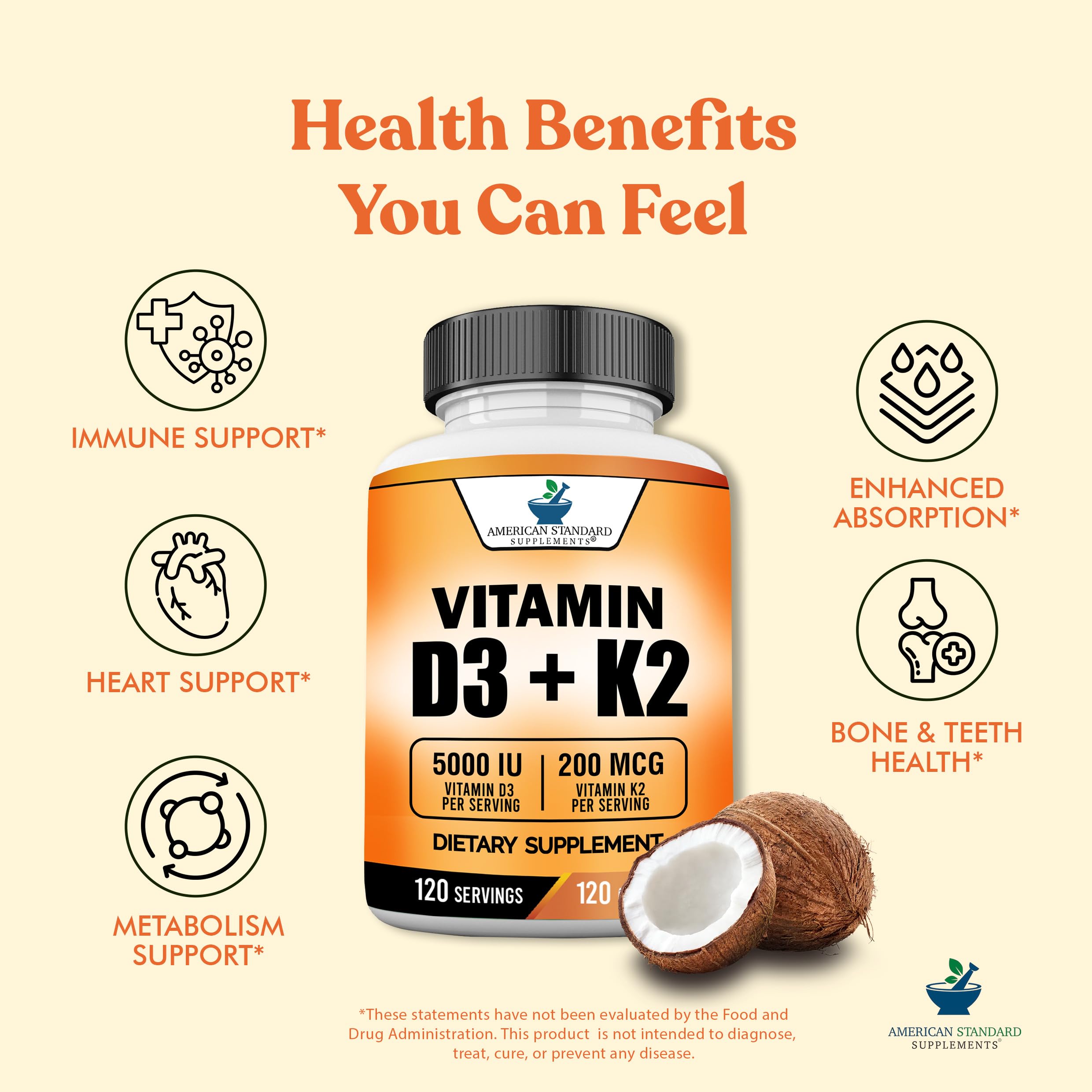 American Standard Supplements Vitamin D3 and K2 bottle with capsule