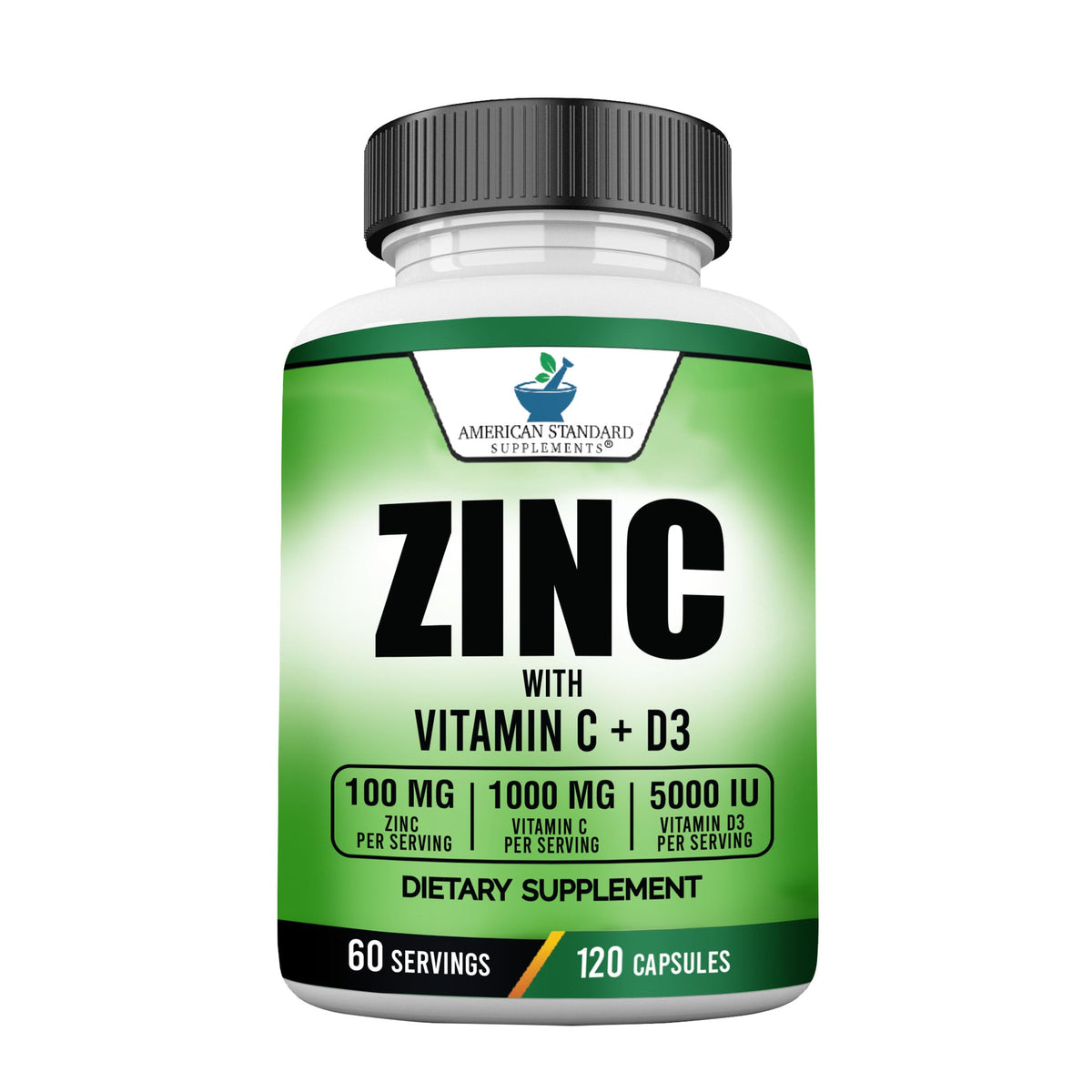 American Standard Supplements Zinc 100mg Vitamin C 1000mg Vitamin D3 5000 IU front view