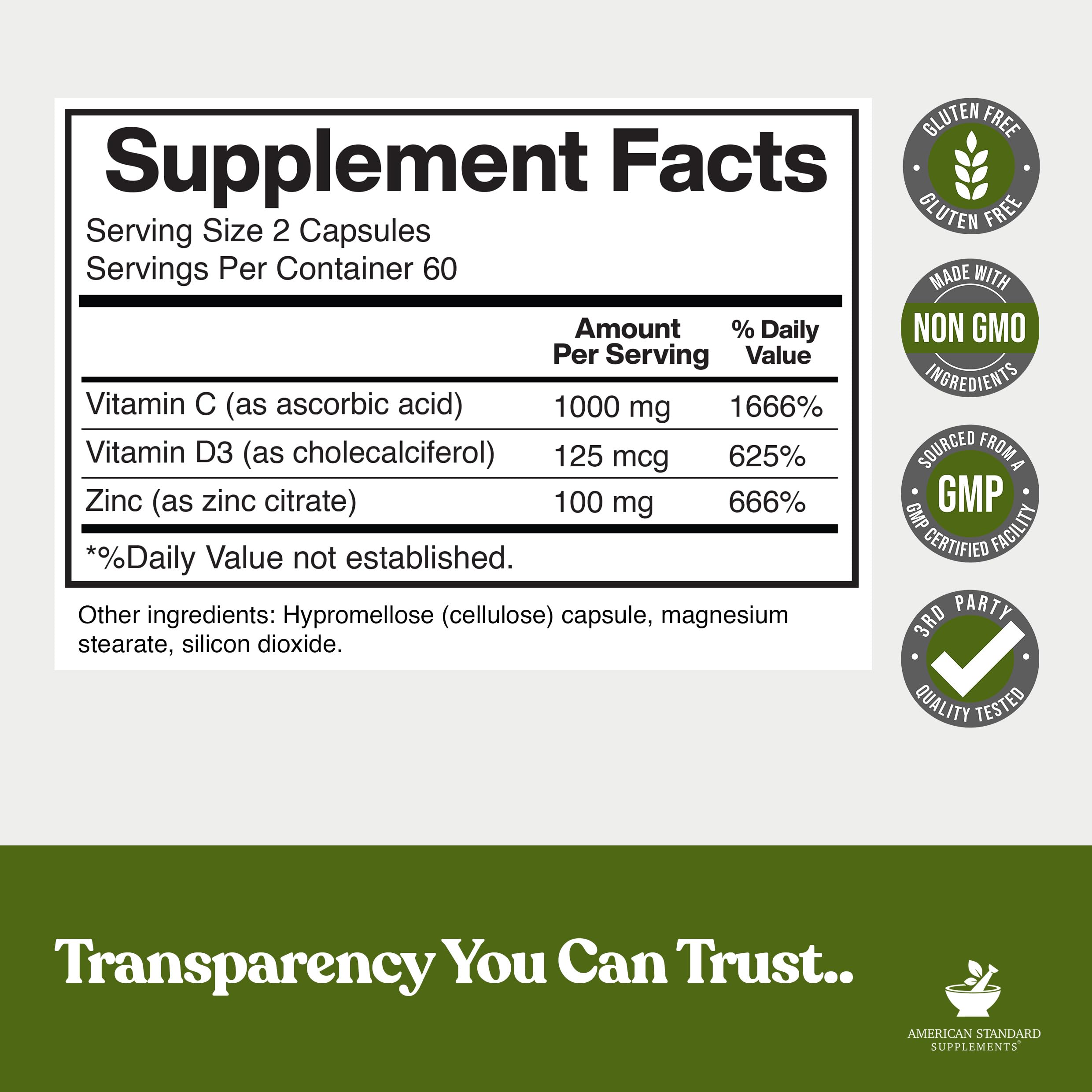 American Standard Supplements Zinc 100mg Vitamin C 1000mg Vitamin D3 5000 IU bottle side view