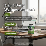 American Standard Supplements Zinc 100mg Vitamin C 1000mg Vitamin D3 5000 IU capsules on a wooden table
