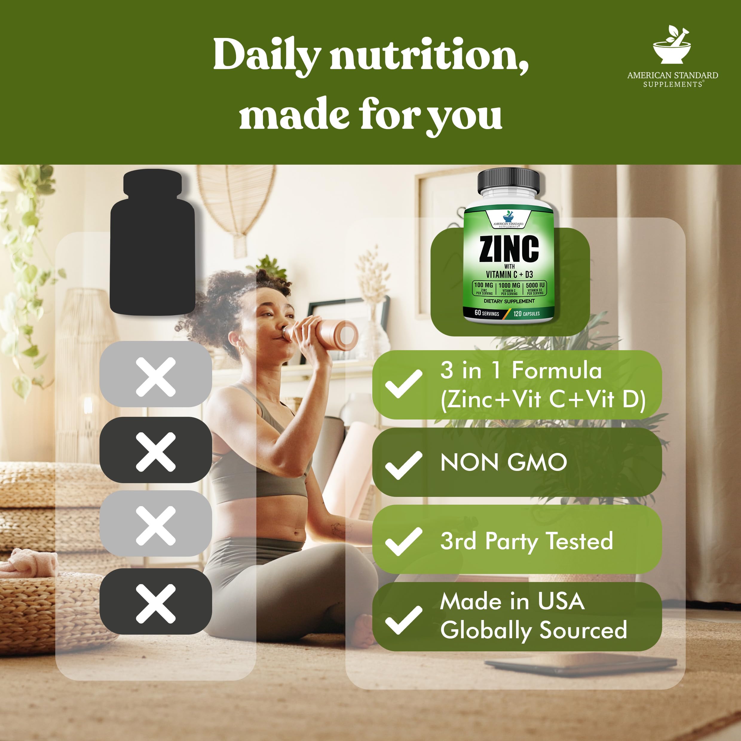 American Standard Supplements Zinc 100mg Vitamin C 1000mg Vitamin D3 5000 IU bottle with measuring spoon