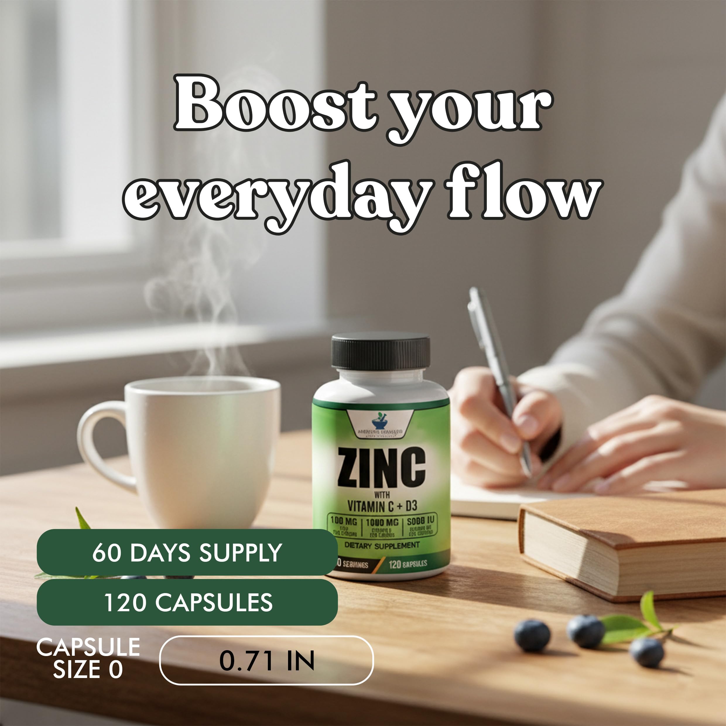 American Standard Supplements Zinc 100mg Vitamin C 1000mg Vitamin D3 5000 IU close-up of capsules