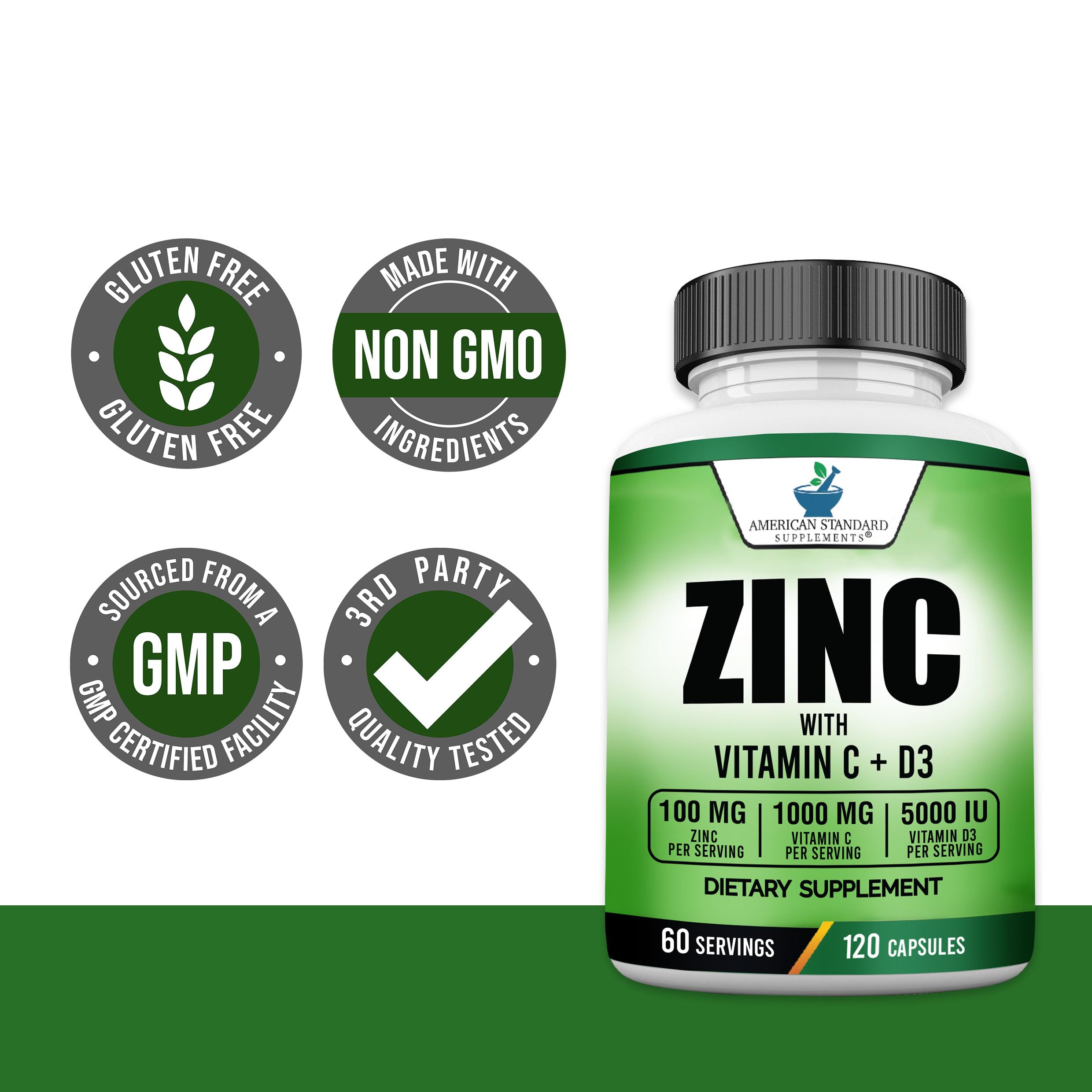 American Standard Supplements Zinc 100mg Vitamin C 1000mg Vitamin D3 5000 IU bottle with a green background
