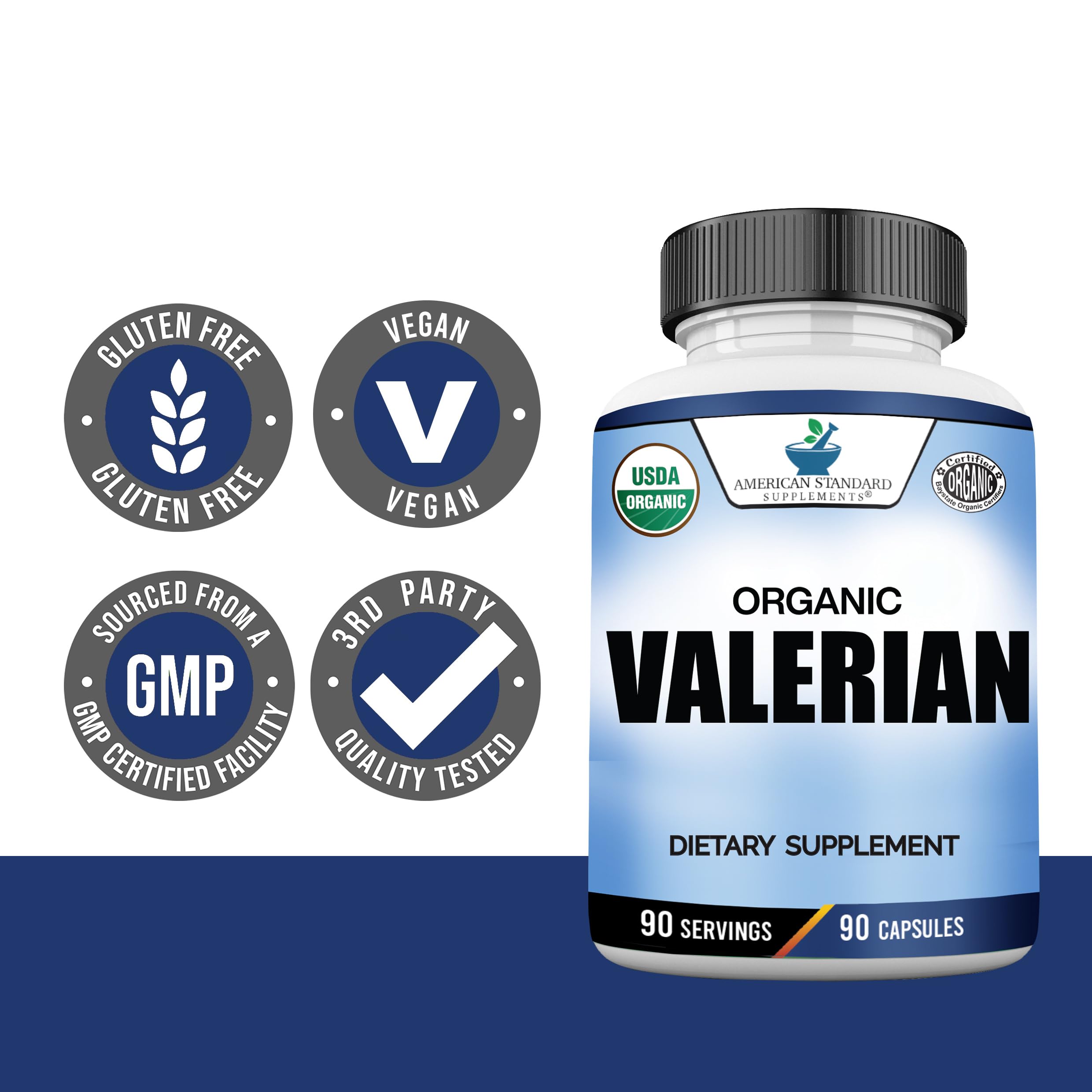 American Standard Valerian Capsules on a wooden table