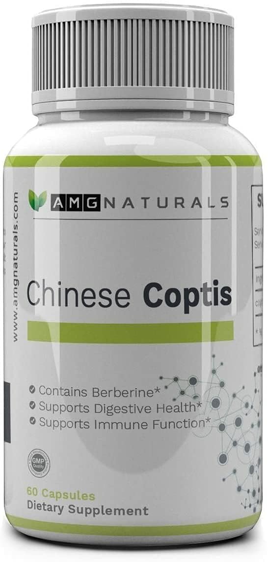 AMG Naturals Chinese Coptis Goldthread 550mg supplement capsules on a wooden surface