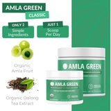 Amla Green powder in a spoon with a backdrop of tea