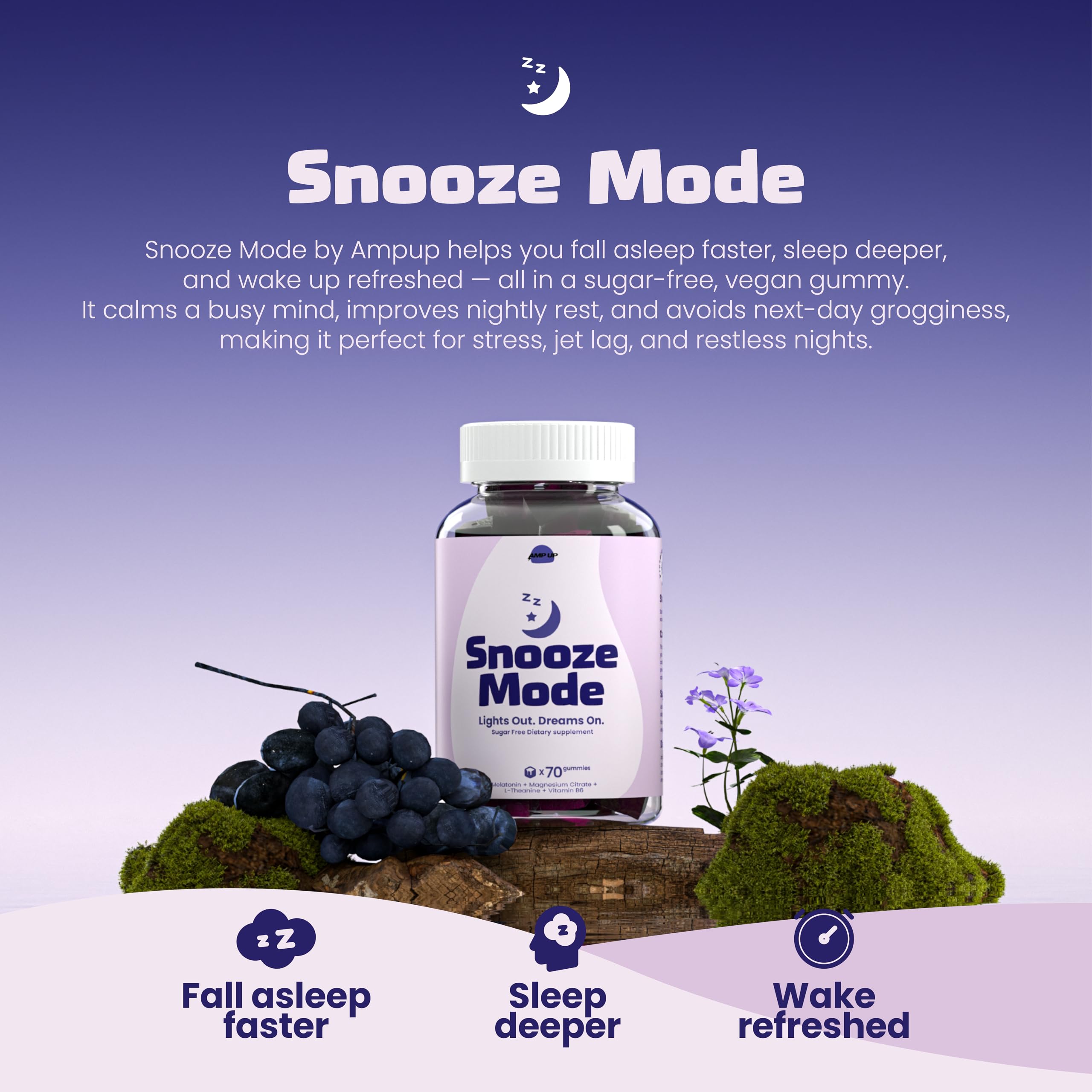 AmpUp Sleep Gummies 5mg Melatonin lifestyle scene with gummies