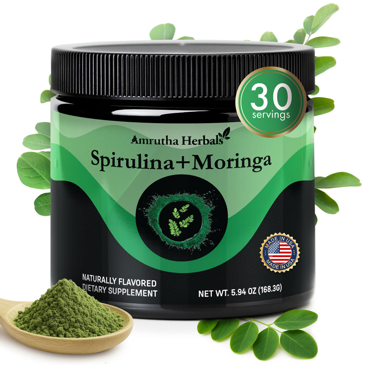 Amrutha Herbals Organic Spirulina + Moringa Powder front view in resealable jar