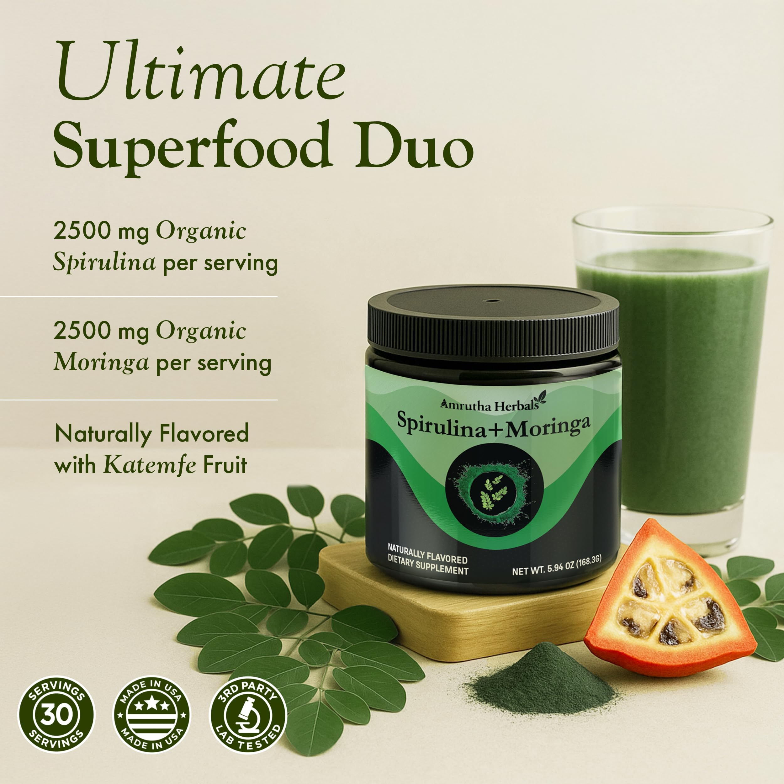 Amrutha Herbals Organic Spirulina + Moringa Powder jar with packaging details