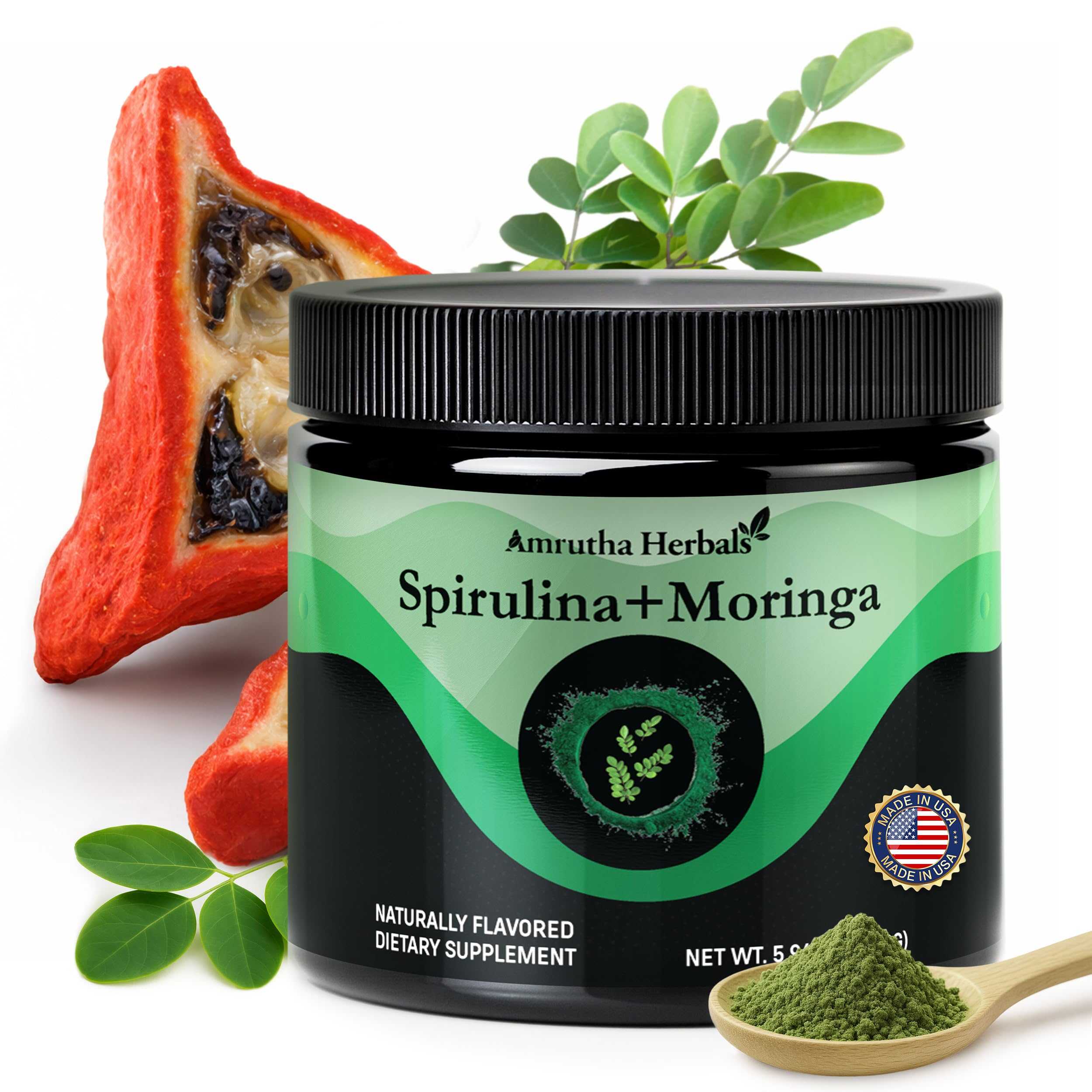 Amrutha Herbals Organic Spirulina + Moringa Powder scoop showing 2500mg of each ingredient