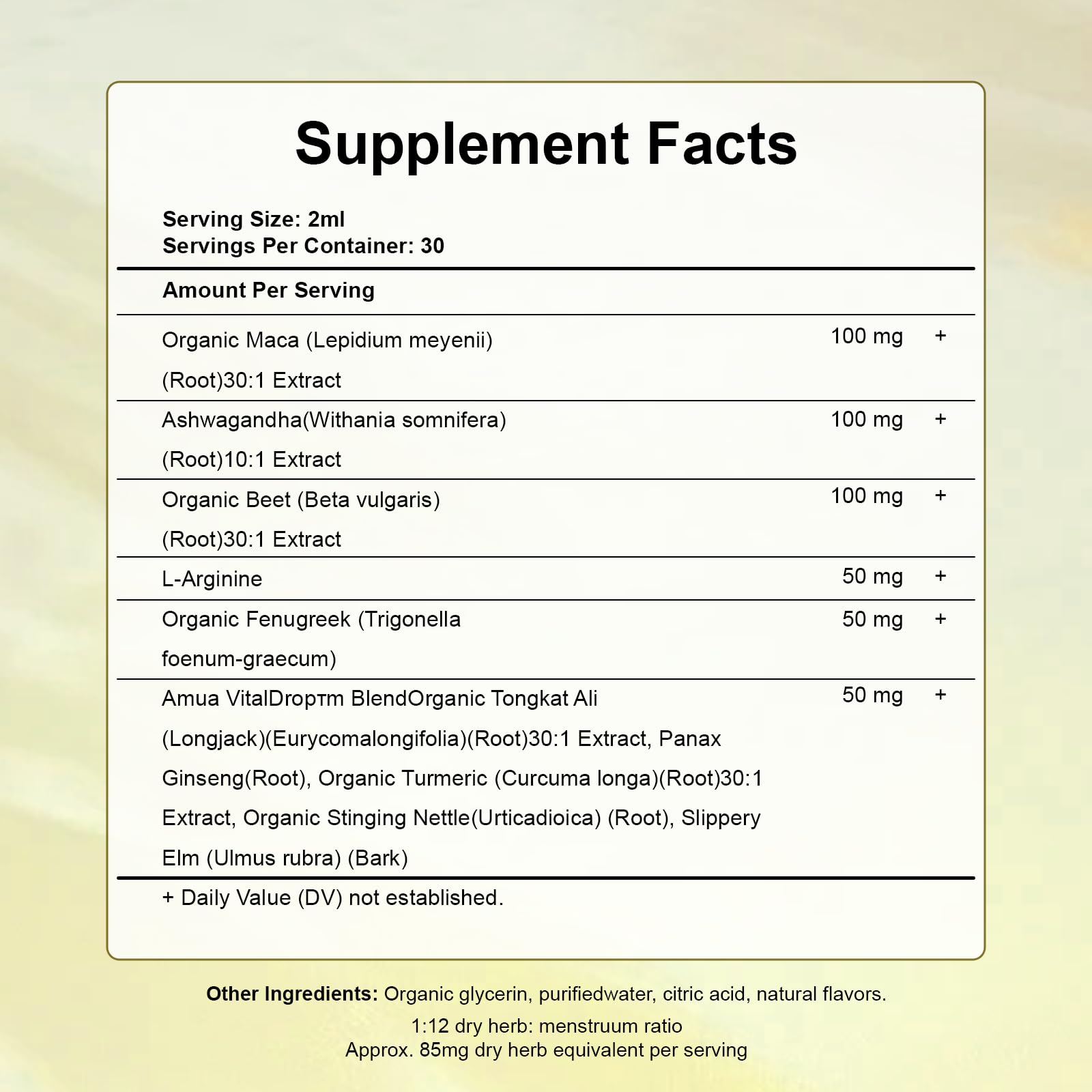 AMUA L-Arginine Supplement liquid bottle with a fresh fruit background